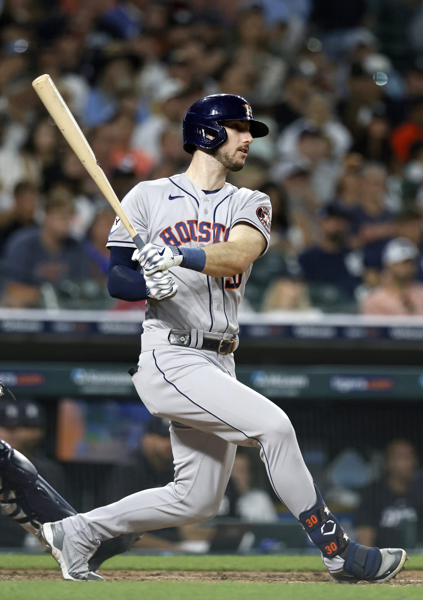 DETROIT, MI -  AUGUST 26:  Kyle Tucker #30 of the Houston Astros hits a double to right field against the Detroit Tigers during the eighth inning at Comerica Park on August 26, 2023 in Detroit, Michigan. (Photo by Duane Burleson/Getty Images)