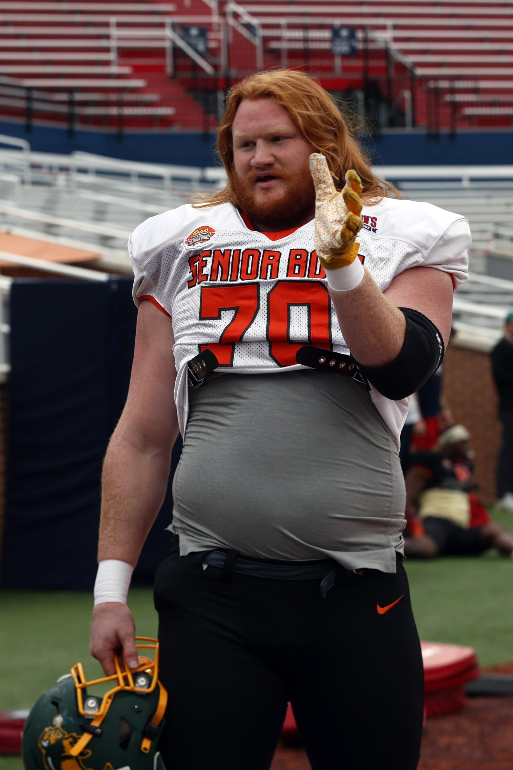 National offensive lineman Cody Mauch of North Dakota State (70) during practice for the Senior Bowl NCAA college football game Wednesday, Feb. 1, 2023, in Mobile, Ala.. (AP Photo/Butch Dill)