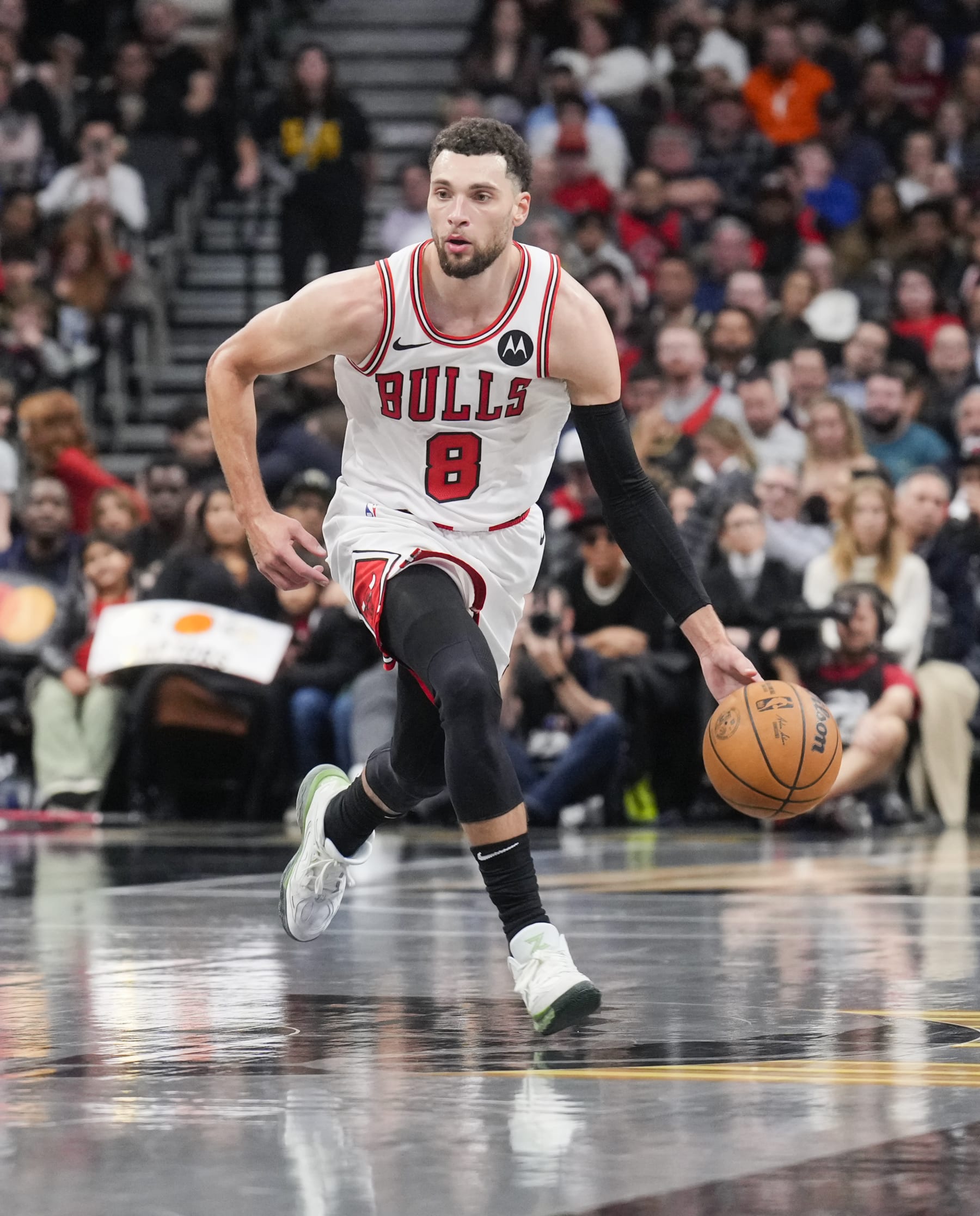 TORONTO, ON - NOVEMBER 24: Zach LaVine #8 of the Chicago Bulls dribbles against the Toronto Raptors during the second half of their NBA In-Season Tournament game at the Scotiabank Arena on November 24, 2023 in Toronto, Ontario, Canada. NOTE TO USER: User expressly acknowledges and agrees that, by downloading and/or using this Photograph, user is consenting to the terms and conditions of the Getty Images License Agreement. (Photo by Mark Blinch/Getty Images)