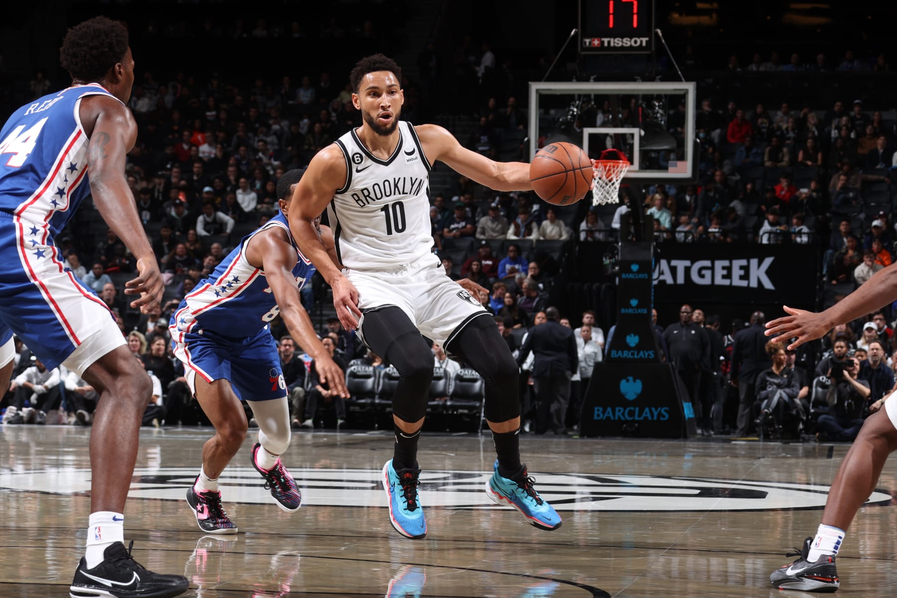 BROOKLYN, NY - OCTOBER 3: Ben Simmons #10 of the Brooklyn Nets dribbles the ball against the Philadelphia 76ers during a preseason game on October 3, 2022 at Barclays Center in Brooklyn, New York. NOTE TO USER: User expressly acknowledges and agrees that, by downloading and or using this Photograph, user is consenting to the terms and conditions of the Getty Images License Agreement. Mandatory Copyright Notice: Copyright 2022 NBAE (Photo by Nathaniel S. Butler/NBAE via Getty Images)