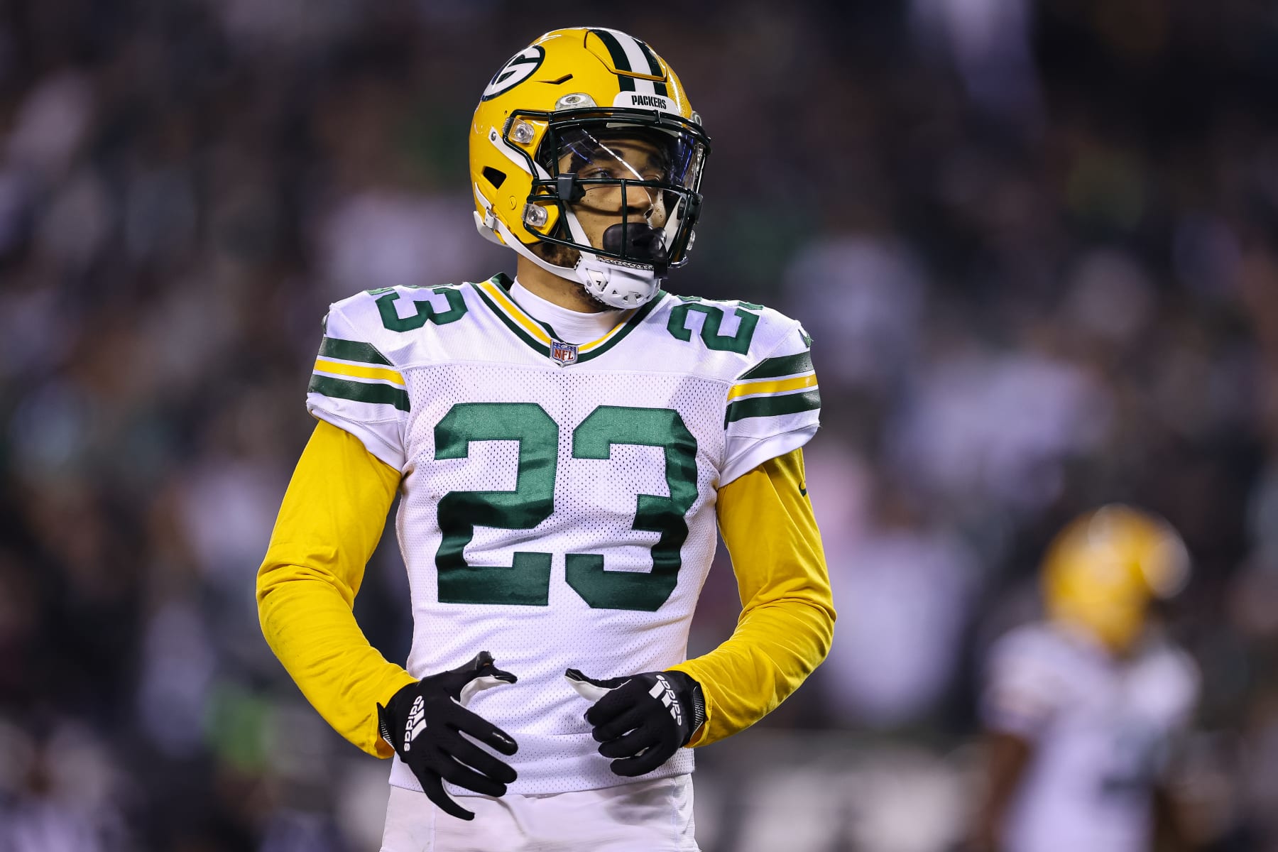 PHILADELPHIA, PA - NOVEMBER 27: Jaire Alexander #23 of the Green Bay Packers looks on against the Philadelphia Eagles during the second half at Lincoln Financial Field on November 27, 2022 in Philadelphia, Pennsylvania. (Photo by Scott Taetsch/Getty Images)