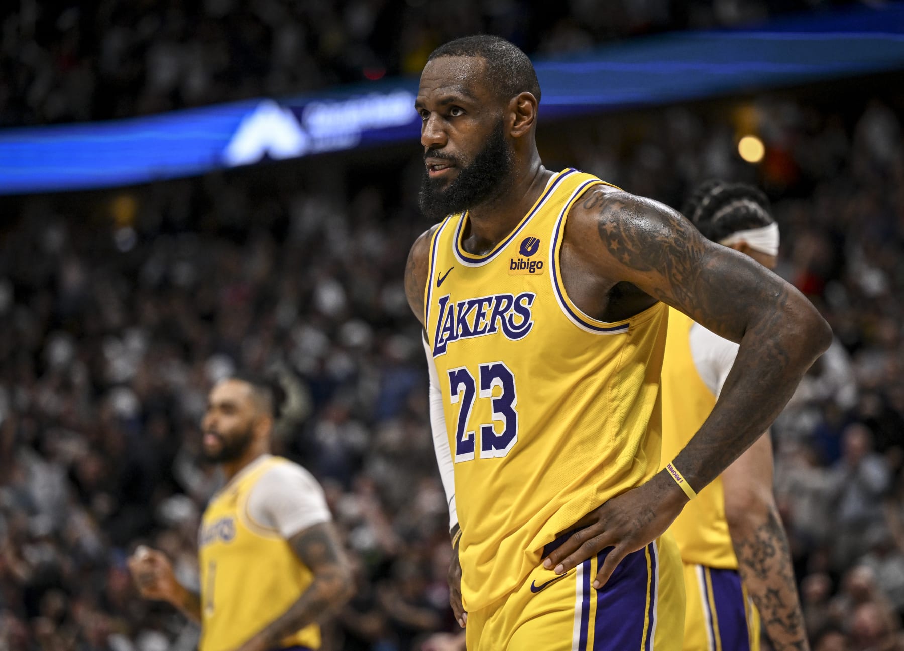 DENVER, CO - APRIL 22: LeBron James (23) of the Los Angeles Lakers takes a deep breath as the Denver Nuggets surge back into the game during the fourth quarter of the Nuggets' 101-99 win at Ball Arena in Denver on Monday, April 22, 2024. (Photo by AAron Ontiveroz/The Denver Post)
