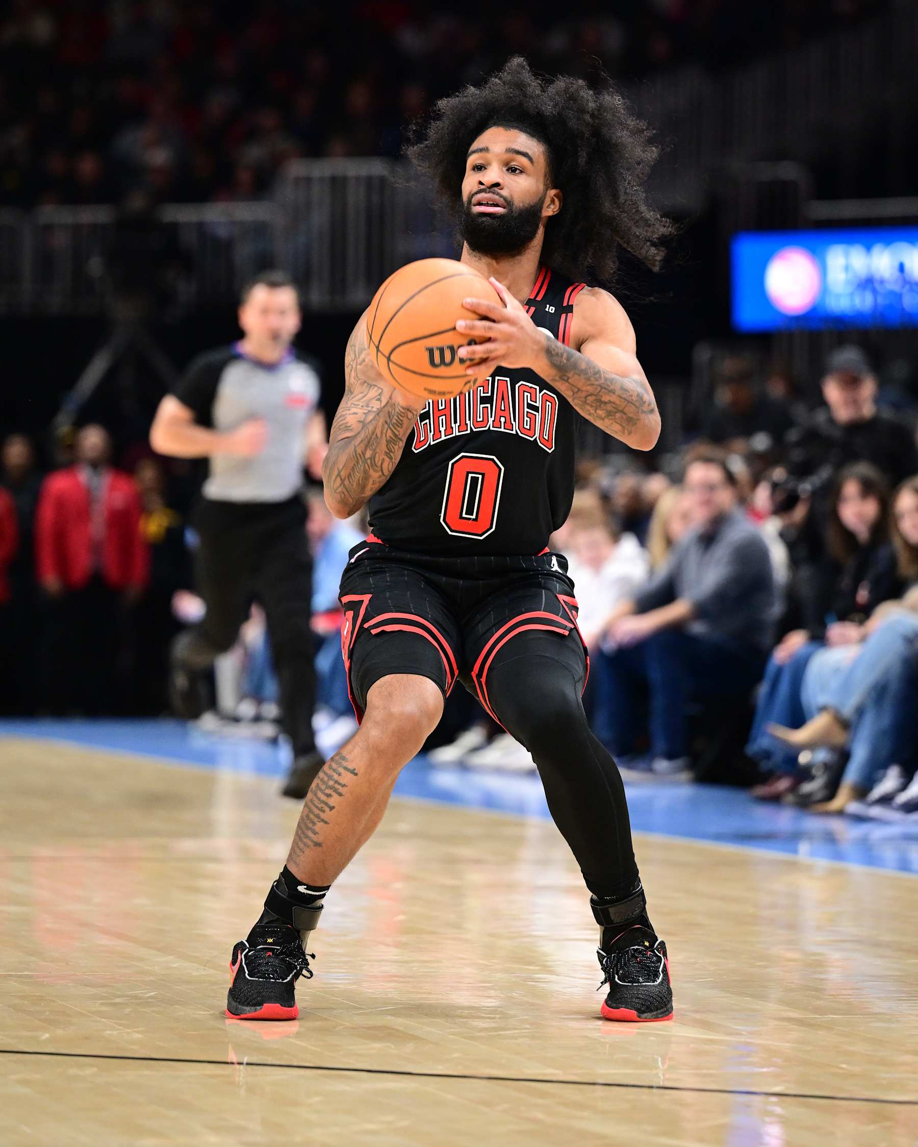 ATLANTA, GA - DECEMBER 26:  Coby White #0 of the Chicago Bulls shoots the ball during the game against the Atlanta Hawks on December 26, 2024 at State Farm Arena in Atlanta, Georgia.  NOTE TO USER: User expressly acknowledges and agrees that, by downloading and/or using this Photograph, user is consenting to the terms and conditions of the Getty Images License Agreement. Mandatory Copyright Notice: Copyright 2024 NBAE (Photo by Adam Hagy/NBAE via Getty Images)