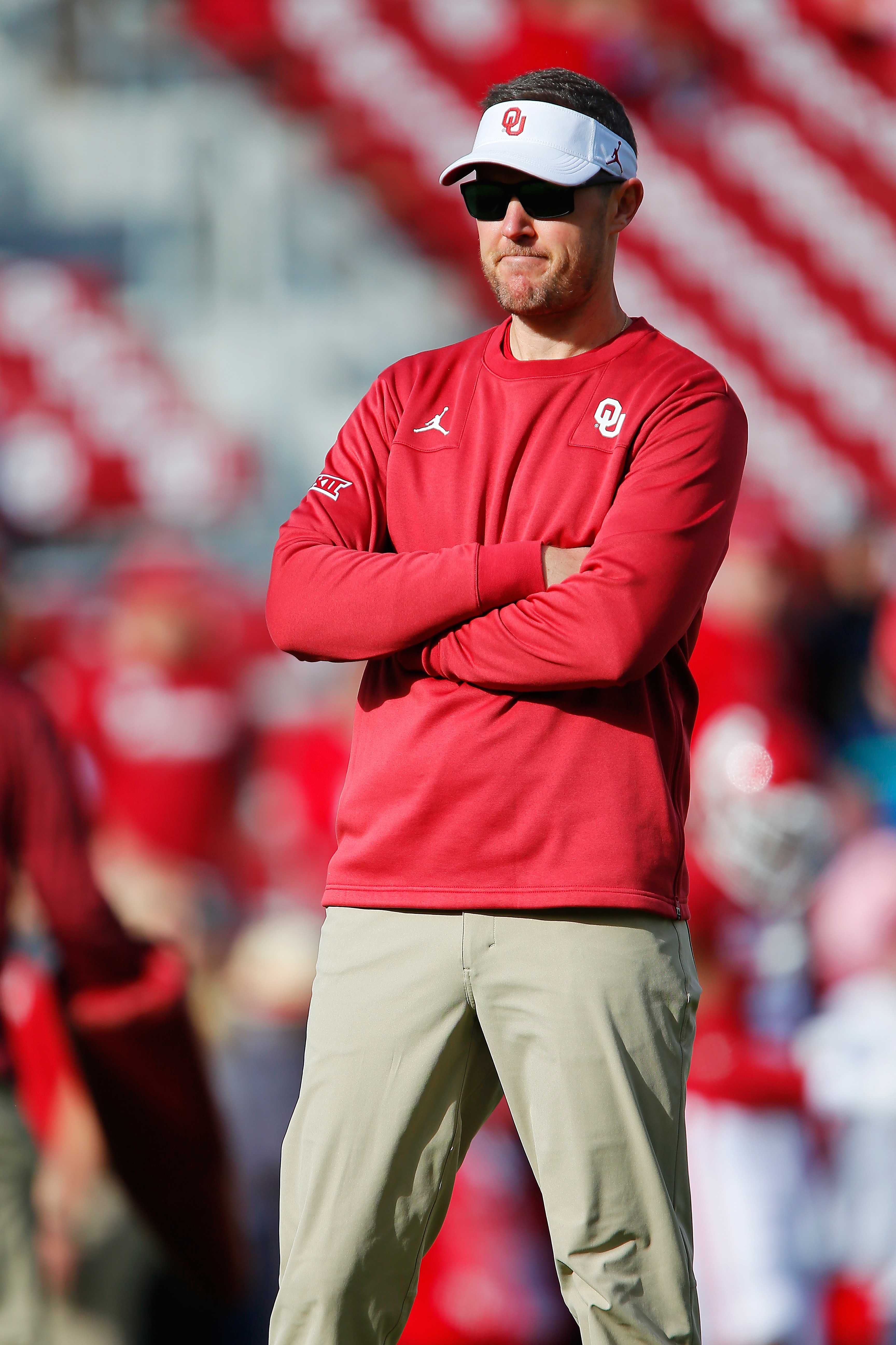 NORMAN, OK - NOVEMBER 20:  Head coach Lincoln Riley of the Oklahoma Sooners watches his team before a game against the Iowa State Cyclones at Gaylord Family Oklahoma Memorial Stadium on November 20, 2021 in Norman, Oklahoma.   (Photo by Brian Bahr/Getty Images)