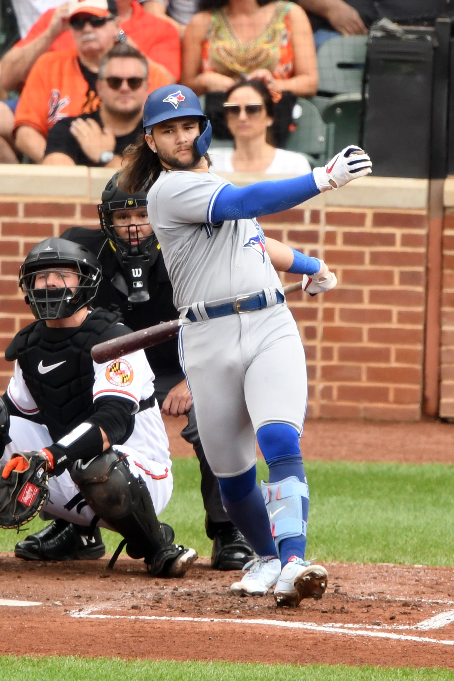 BALTIMORE, MD - SEPTEMBER 05:  Bo Bichette #11 of the Toronto Blue Jays takes a swing during game one of a doubleheader baseball game against the Toronto Blue Jays at Oriole Park at Camden Yards on September 5, 2022 in Baltimore, Maryland.  (Photo by Mitchell Layton/Getty Images)