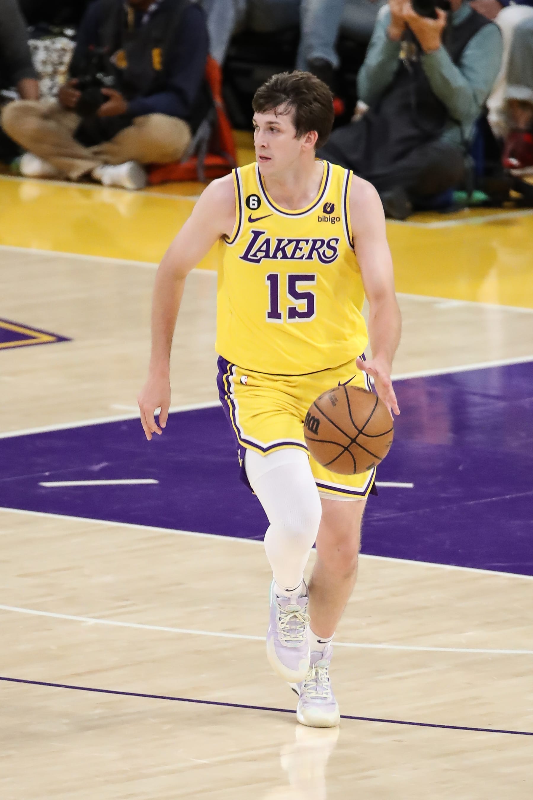 LOS ANGELES, CA - MAY 22: Los Angeles Lakers guard Austin Reaves (15) comes down the court during game 4 of the NBA Western Conference between the Denver Nuggets and the Los Angeles Lakers on May 22, 2023, at Cyrpto.com Arena in Los Angeles, CA. (Photo by Jevone Moore/Icon Sportswire via Getty Images)