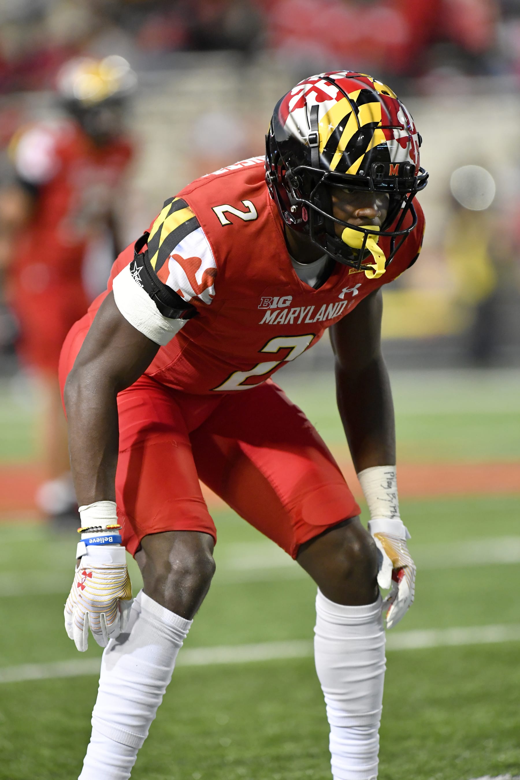 COLLEGE PARK, MD - OCTOBER 22: Maryland cornerback Jakorian Bennett (2) lines up during the Northwestern Wildcats versus Maryland Terrapins game on October 22, 2022 at Capital One Field at Maryland Stadium in College Park, MD. (Photo by Randy Litzinger/Icon Sportswire via Getty Images)