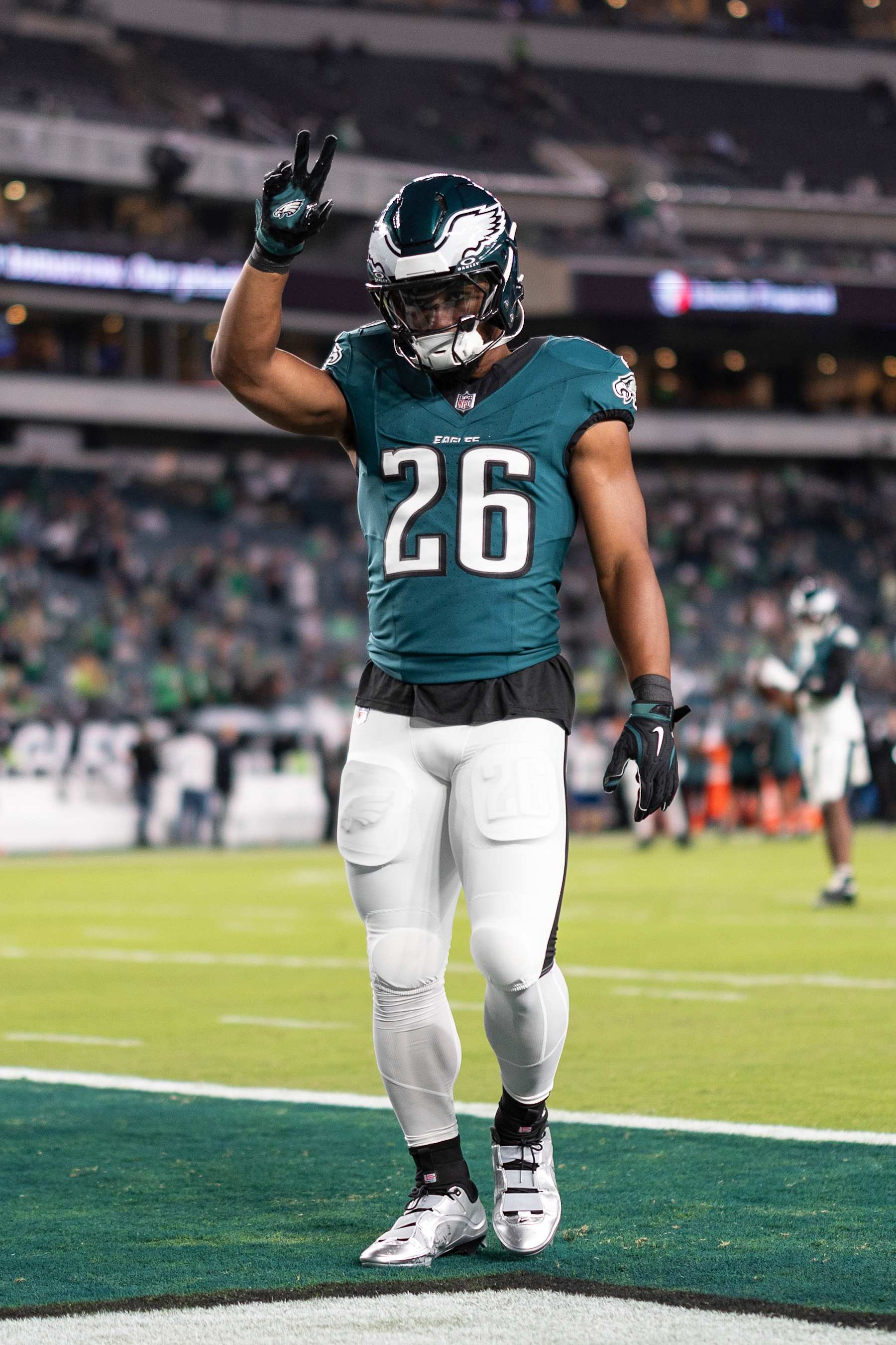 PHILADELPHIA, PENNSYLVANIA - SEPTEMBER 16: Saquon Barkley #26 of the Philadelphia Eagles reacts prior to an NFL football game between the Philadelphia Eagles and the Atlanta Falcons at Lincoln Financial Field on September 16, 2024 in Philadelphia, Pennsylvania. (Photo by Michael Owens/Getty Images)