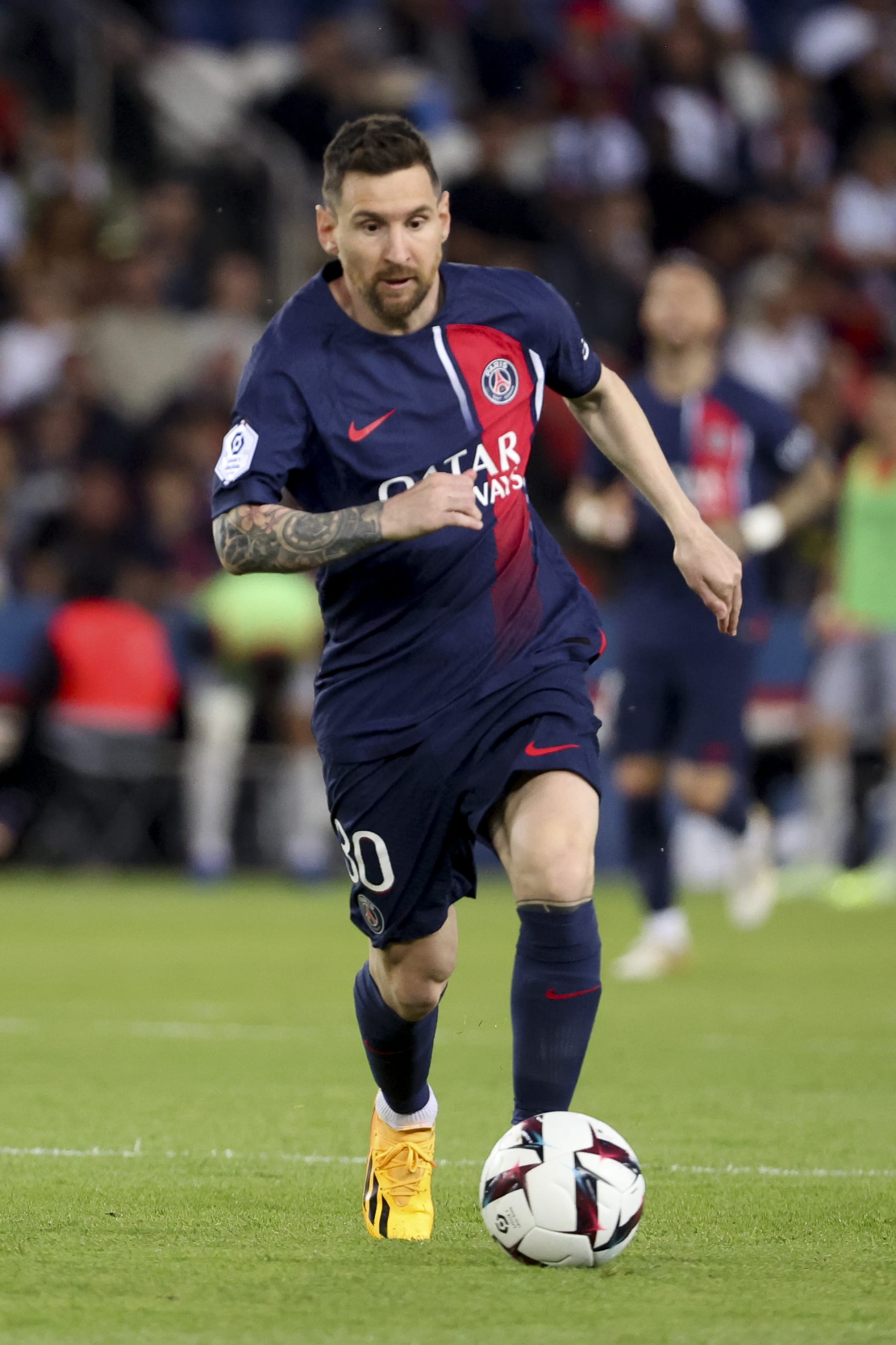 PARIS, FRANCE - JUNE 3: Lionel Messi of PSG in action during the Ligue 1 match between Paris Saint-Germain (PSG) and Clermont Foot 63 at Parc des Princes stadium on June 3, 2023 in Paris, France. (Photo by Jean Catuffe/Getty Images)