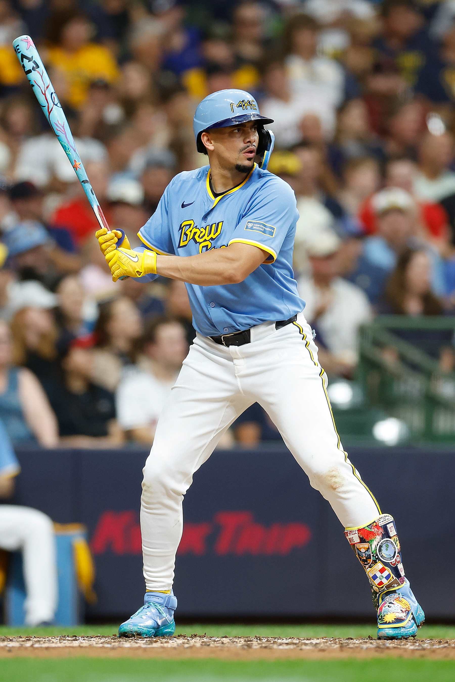 MILWAUKEE, WISCONSIN - AUGUST 17: Willy Adames #27 of the Milwaukee Brewers up to bat against the Cleveland Guardians at American Family Field on August 17, 2024 in Milwaukee, Wisconsin. (Photo by John Fisher/Getty Images)