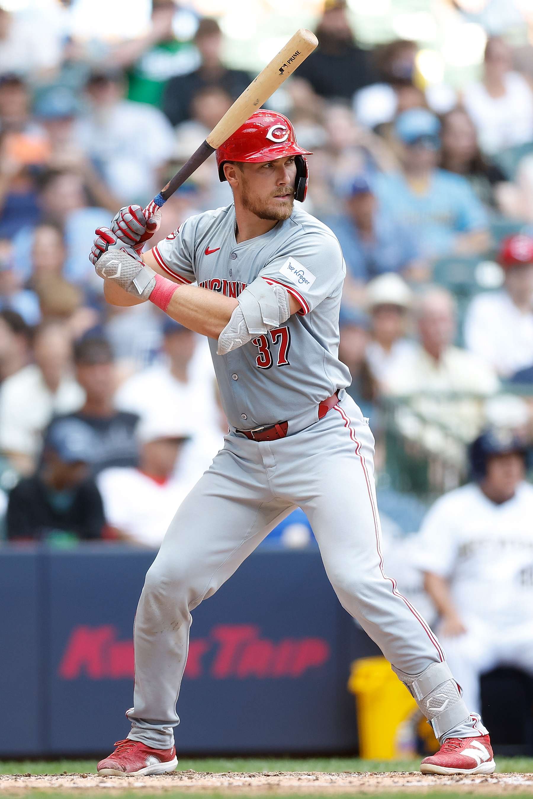 MILWAUKEE, WISCONSIN - AUGUST 11: Tyler Stephenson #37 of the Cincinnati Reds bats during the game against the Milwaukee Brewers at American Family Field on August 11, 2024 in Milwaukee, Wisconsin. (Photo by John Fisher/Getty Images)