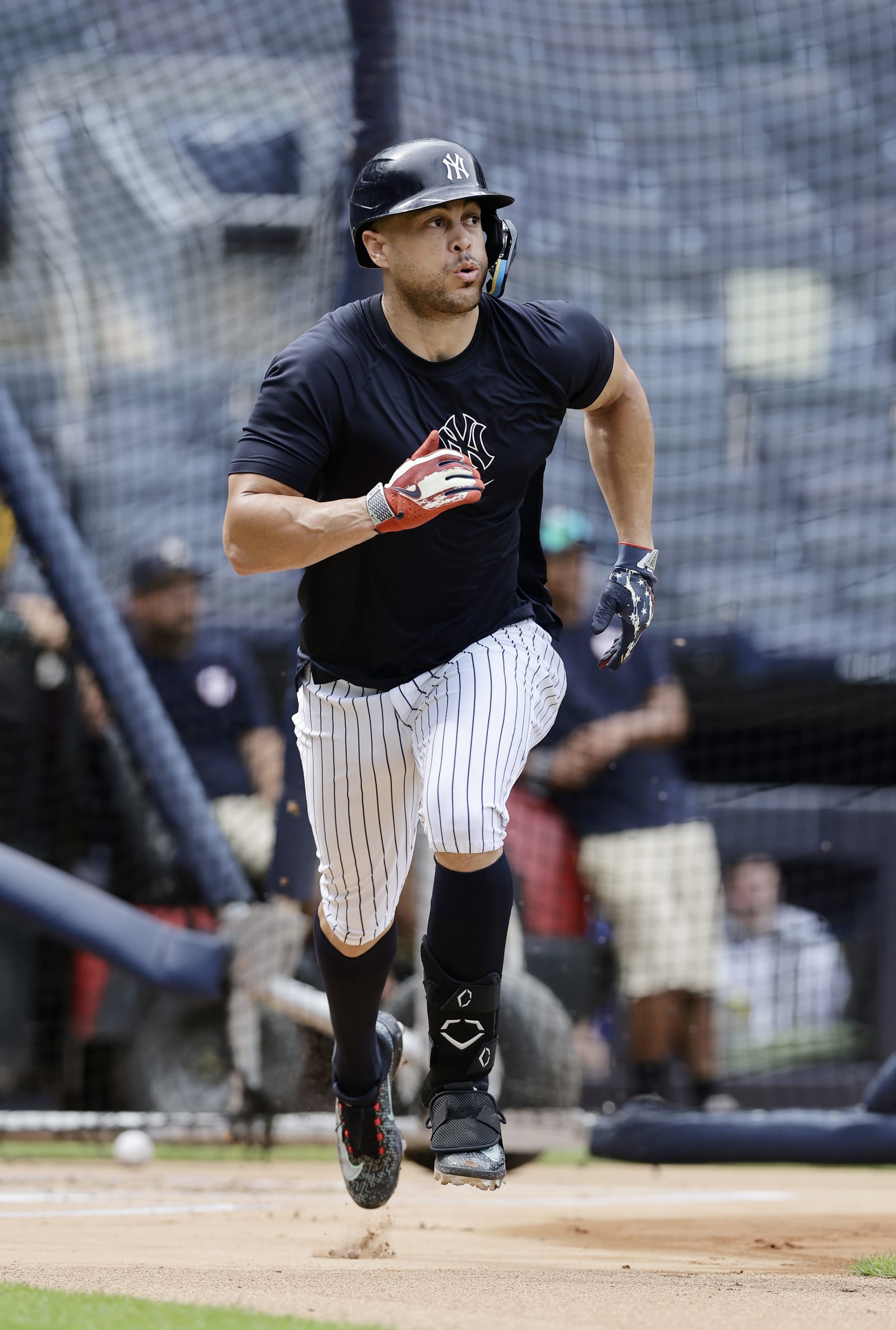 NEW YORK, NEW YORK - JULY 23:  Giancarlo Stanton #27 of the New York Yankees works out before a game against the New York Mets at Yankee Stadium on July 23, 2024 in New York City. (Photo by Jim McIsaac/Getty Images)