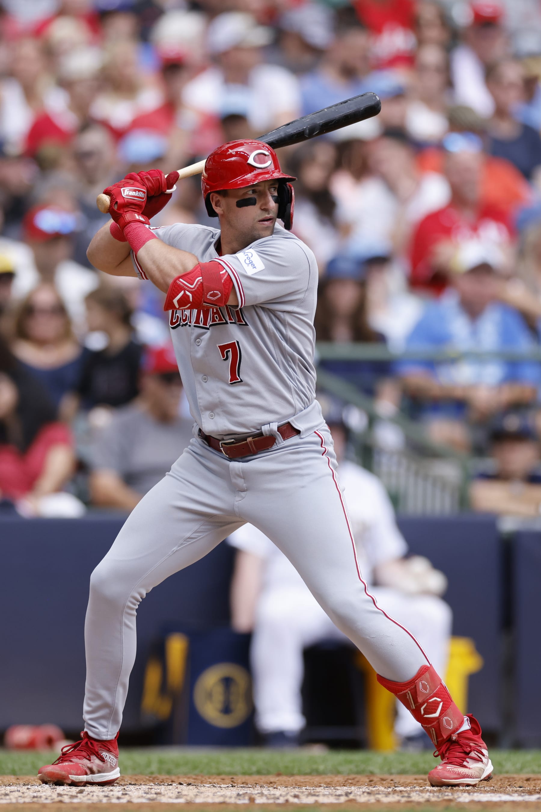 MILWAUKEE, WI - JULY 08: Cincinnati Reds third baseman Spencer Steer (7) bats during an MLB game against the Milwaukee Brewers on July 8, 2023 at American Family Field in Milwaukee, Wisconsin. (Photo by Joe Robbins/Icon Sportswire via Getty Images)