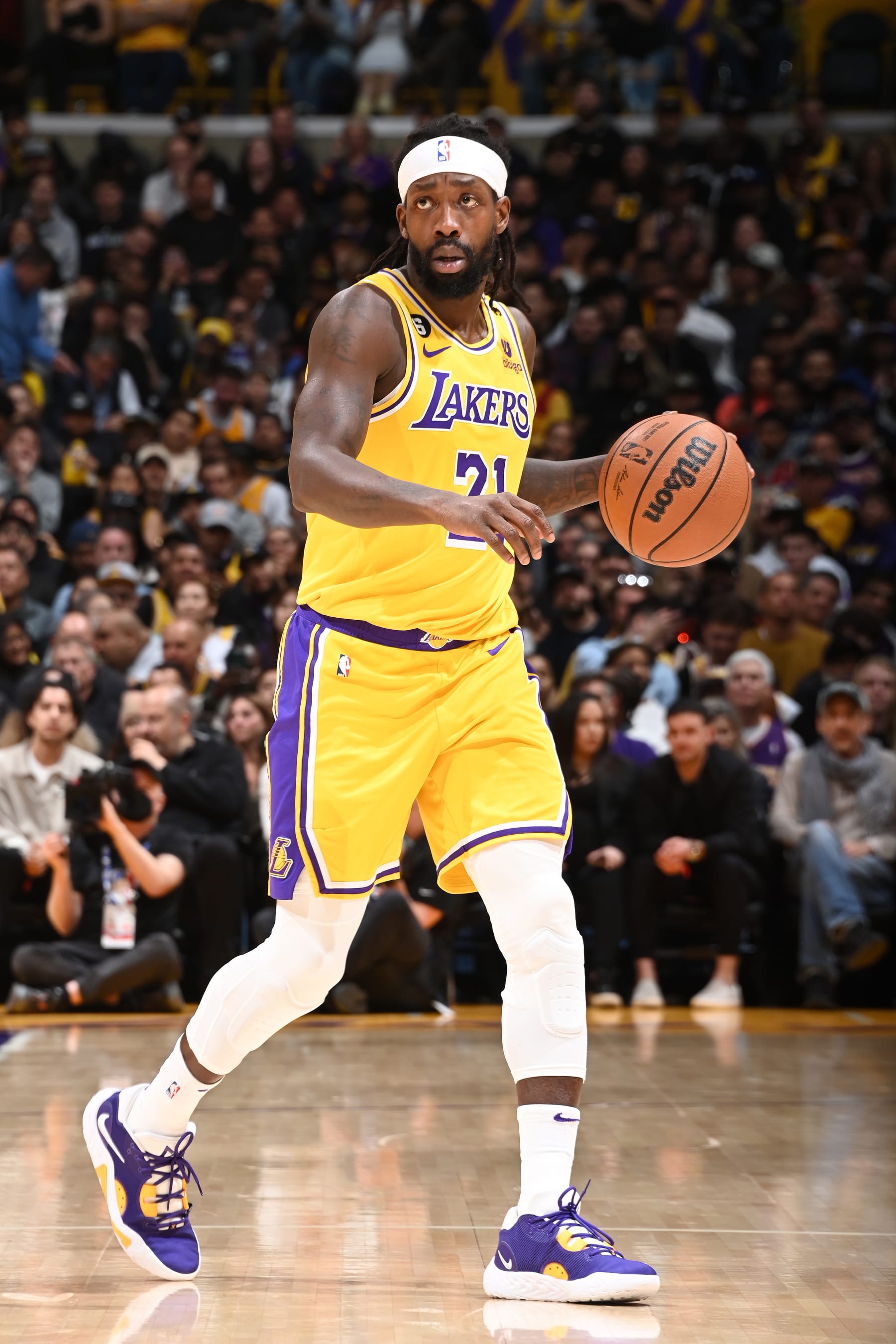LOS ANGELES, CA - FEBRUARY 7: Patrick Beverley #21 of the Los Angeles Lakers dribbles the ball against the Oklahoma City Thunder on February 7, 2023 at Crypto.Com Arena in Los Angeles, California. NOTE TO USER: User expressly acknowledges and agrees that, by downloading and/or using this Photograph, user is consenting to the terms and conditions of the Getty Images License Agreement. Mandatory Copyright Notice: Copyright 2023 NBAE (Photo by Andrew D. Bernstein/NBAE via Getty Images)