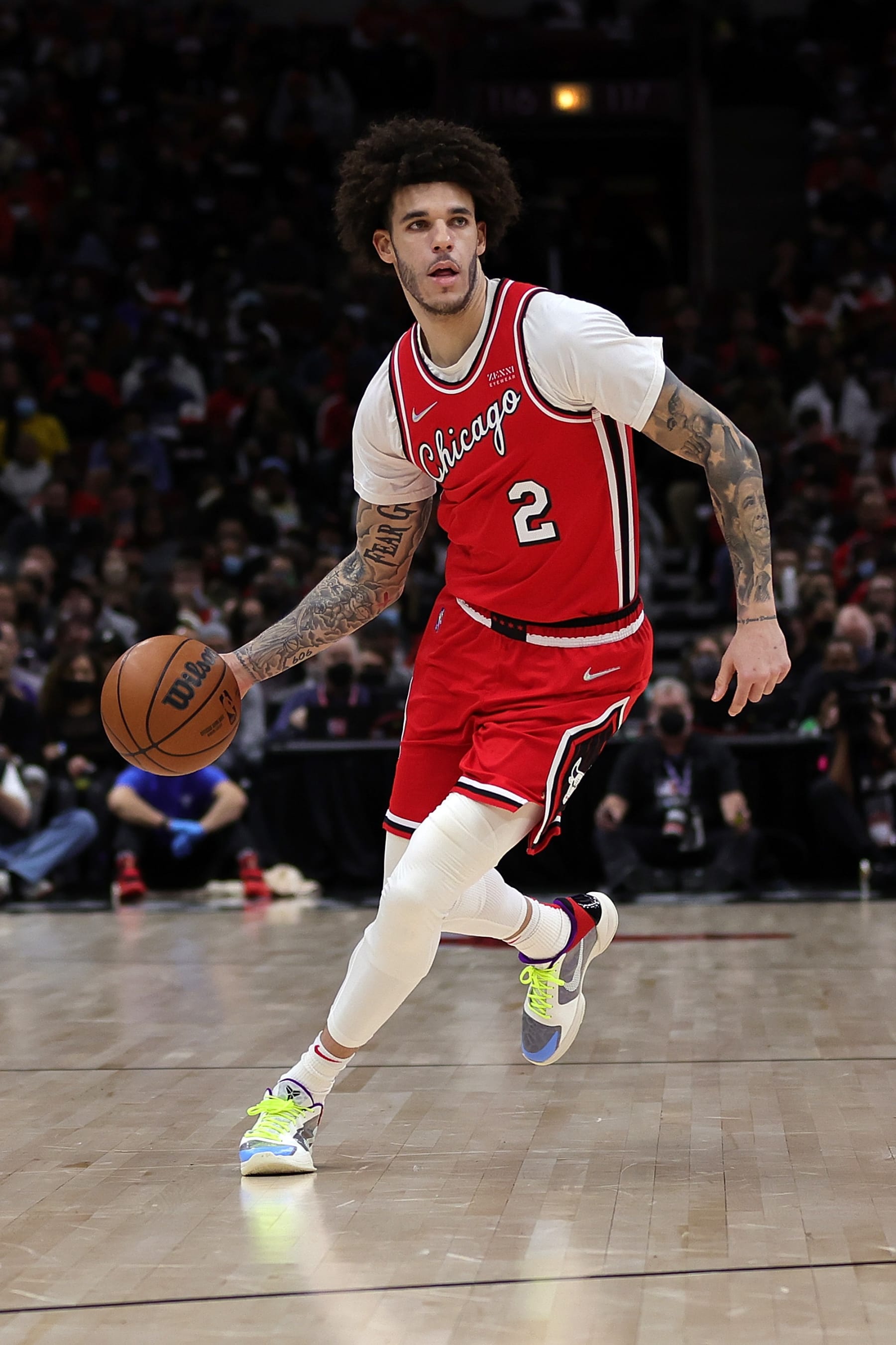 CHICAGO, ILLINOIS - JANUARY 12: Lonzo Ball #2 of the Chicago Bulls walks backcourt during a game against the Brooklyn Nets at United Center on January 12, 2022 in Chicago, Illinois. NOTE TO USER: User expressly acknowledges and agrees that, by downloading and or using this photograph, User is consenting to the terms and conditions of the Getty Images License Agreement. (Photo by Stacy Revere/Getty Images)