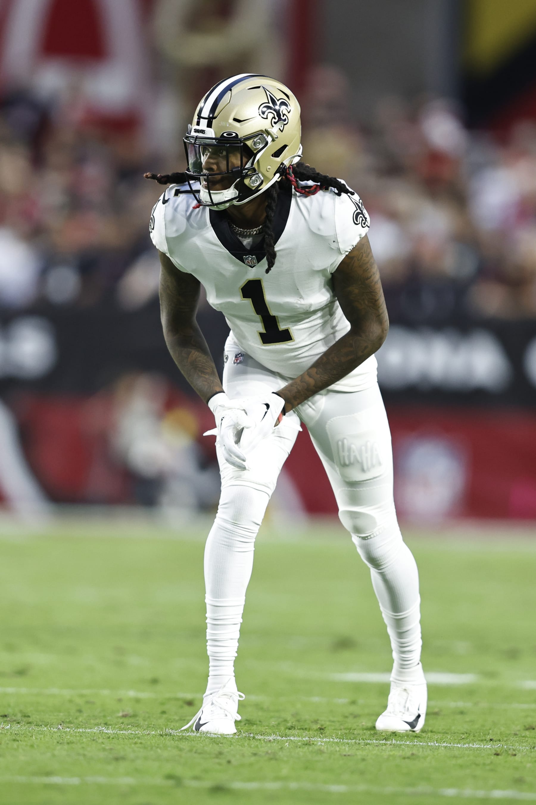GLENDALE, ARIZONA - OCTOBER 20: Marquez Callaway #1 of the New Orleans Saints lines up during an NFL football game between the Arizona Cardinals and the New Orleans Saints at State Farm Stadium on October 20, 2022 in Glendale, Arizona. (Photo by Michael Owens/Getty Images)