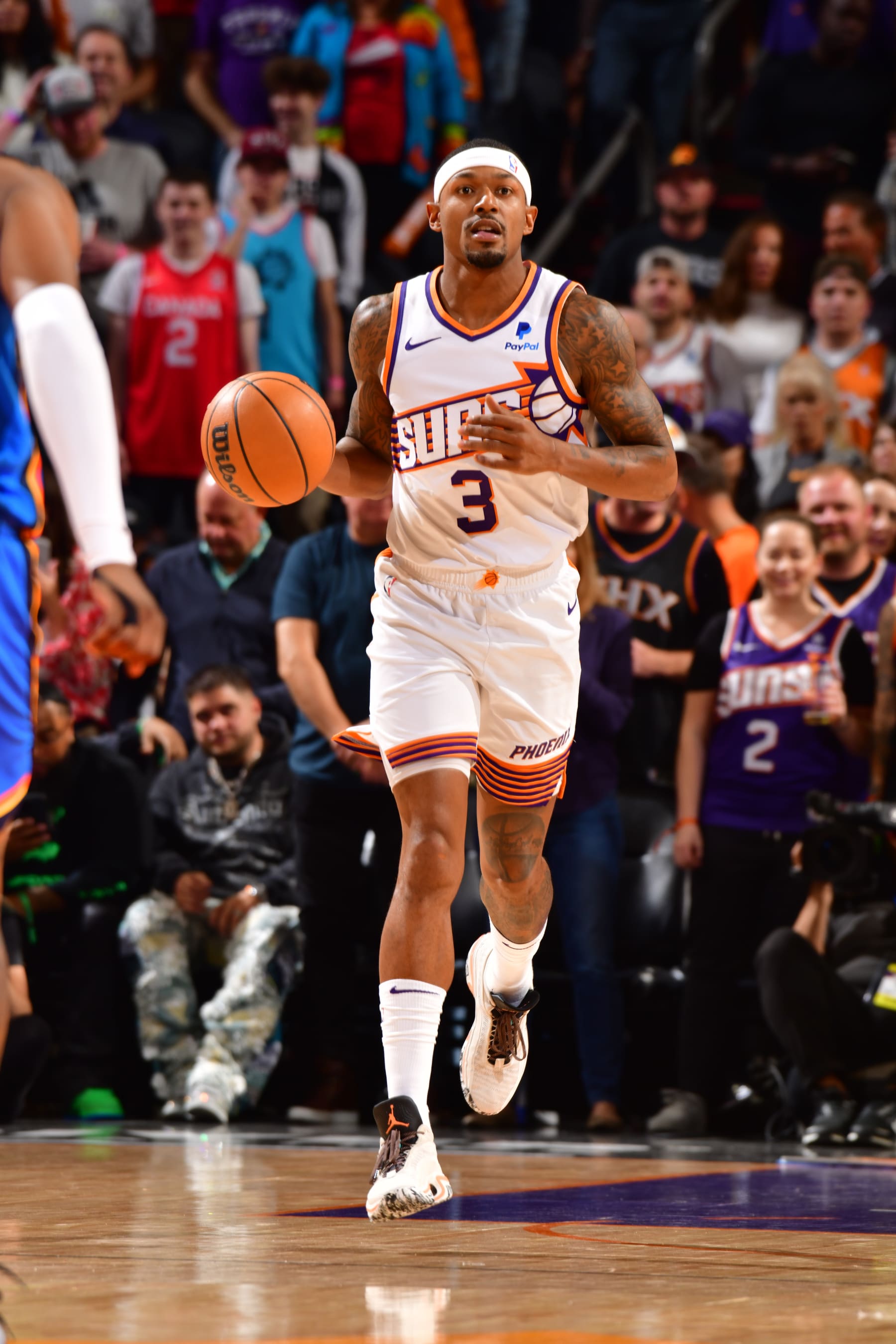 PHOENIX, AZ - NOVEMBER 12: Bradley Beal #3 of the Phoenix Suns dribbles the ball during the game against the Oklahoma City Thunder on November 12, 2023 at Footprint Center in Phoenix, Arizona. NOTE TO USER: User expressly acknowledges and agrees that, by downloading and or using this photograph, user is consenting to the terms and conditions of the Getty Images License Agreement. Mandatory Copyright Notice: Copyright 2023 NBAE (Photo by Barry Gossage/NBAE via Getty Images)