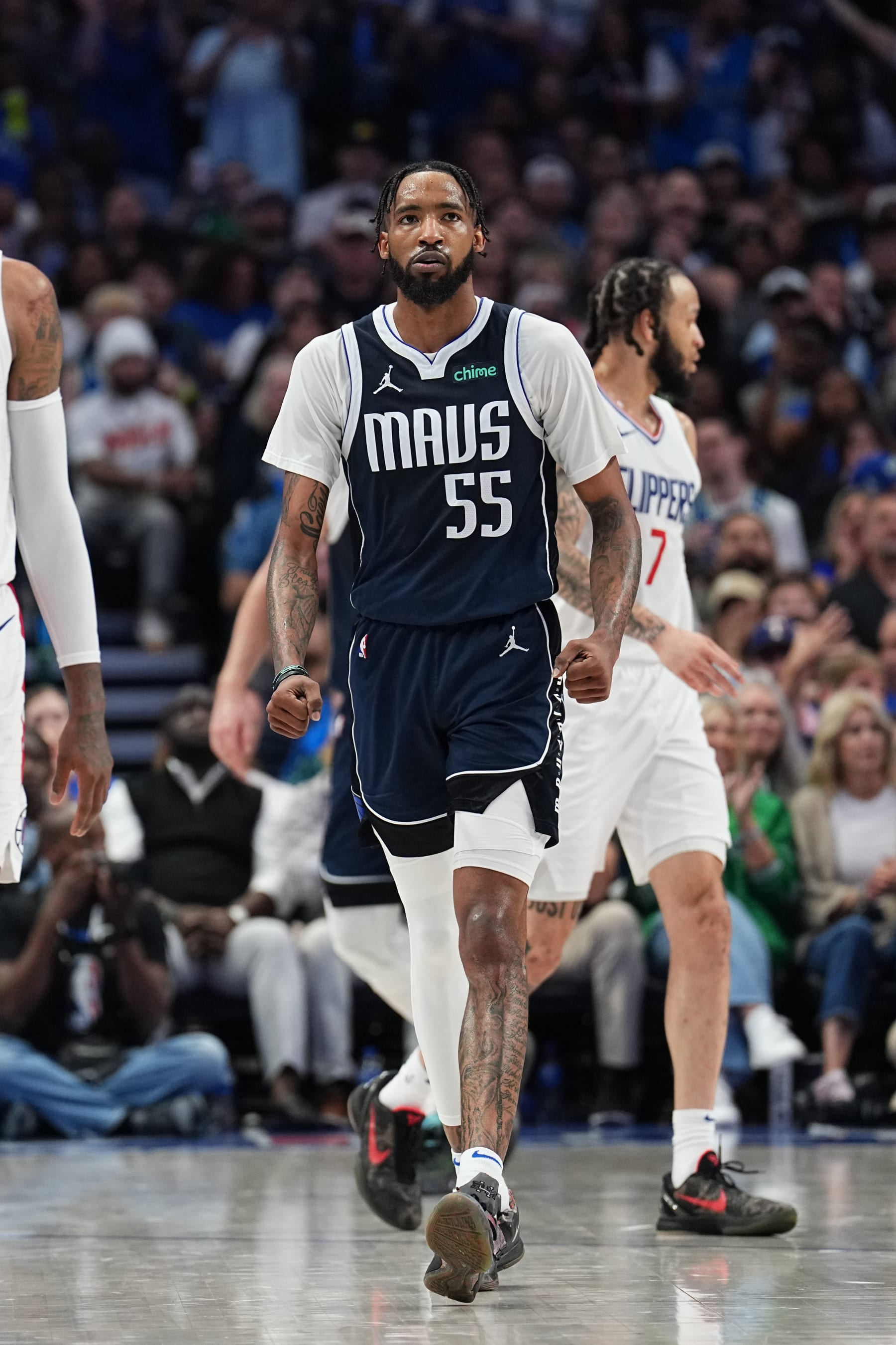 DALLAS, TX - APRIL 28: Derrick Jones Jr. #55 of the Dallas Mavericks celebrates during the game against the LA Clippers during Round 1 Game 4 of the 2024NBA Playoffs on April 28, 2024 at the American Airlines Center in Dallas, Texas. NOTE TO USER: User expressly acknowledges and agrees that, by downloading and or using this photograph, User is consenting to the terms and conditions of the Getty Images License Agreement. Mandatory Copyright Notice: Copyright 2024 NBAE (Photo by Glenn James/NBAE via Getty Images)