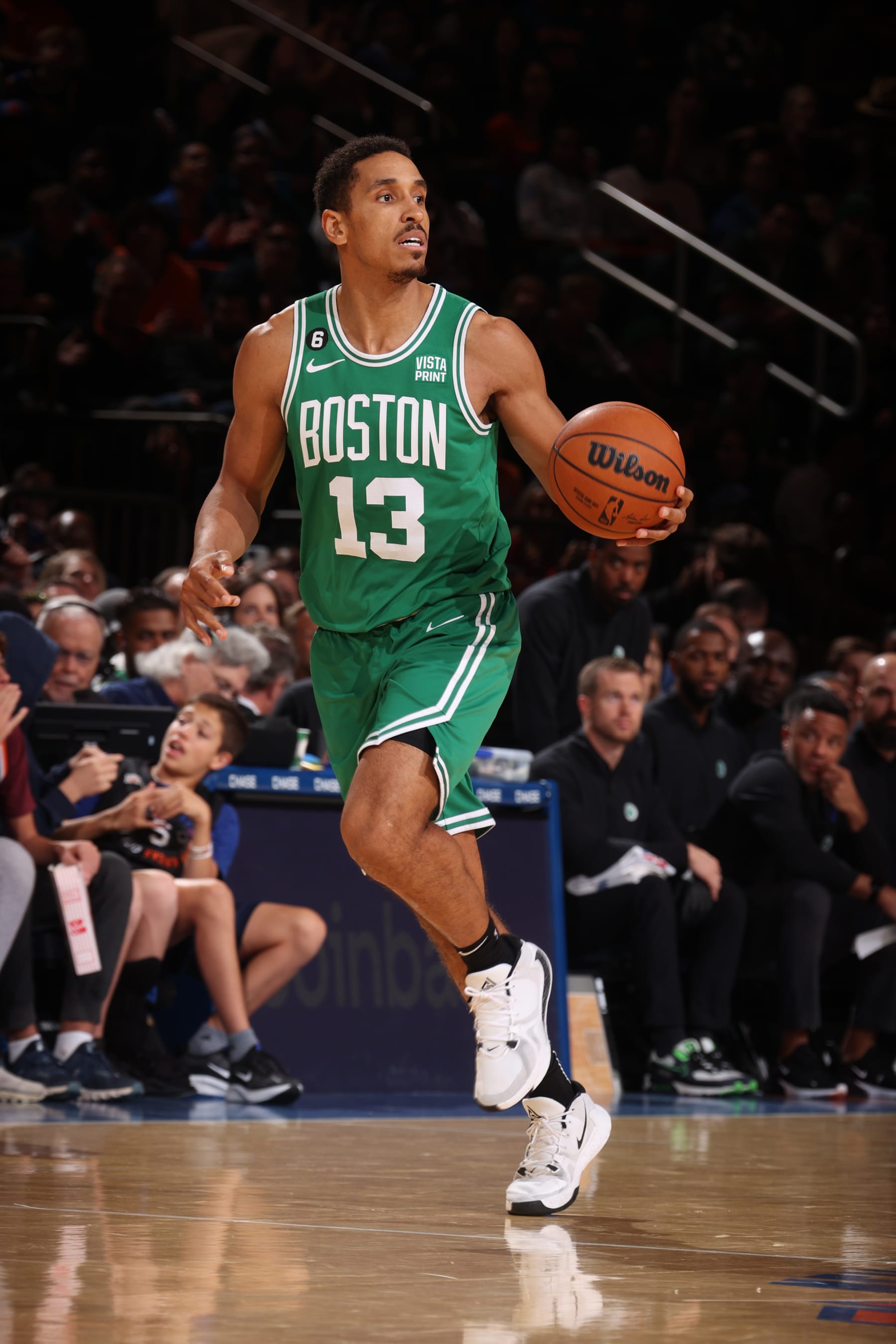 NEW YORK, NY - NOVEMBER 5: Malcolm Brogdon #13 of the Boston Celtics dribbles the ball during the game against the New York Knicks on November 5, 2022 at Madison Square Garden in New York City, New York.  NOTE TO USER: User expressly acknowledges and agrees that, by downloading and or using this photograph, User is consenting to the terms and conditions of the Getty Images License Agreement. Mandatory Copyright Notice: Copyright 2022 NBAE  (Photo by Nathaniel S. Butler/NBAE via Getty Images)