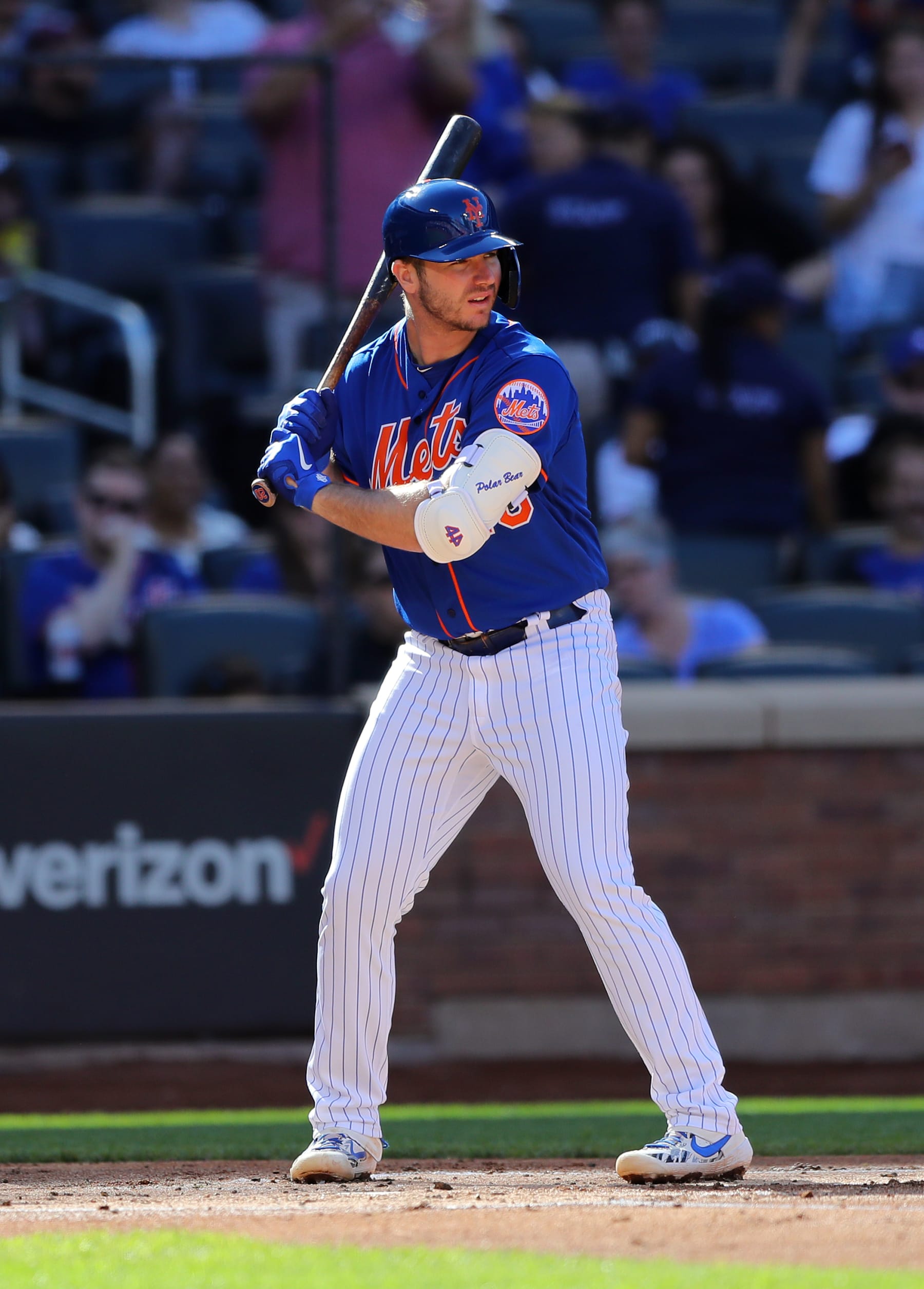 FLUSHING, NY - SEPTEMBER 29: Pete Alonso #20 of the New York Mets bats during the game between the Atlanta Braves and the New York Mets at Citi Field on Sunday, September 29, 2019 in Flushing, New York. (Photo by Alex Trautwig/MLB Photos via Getty Images)