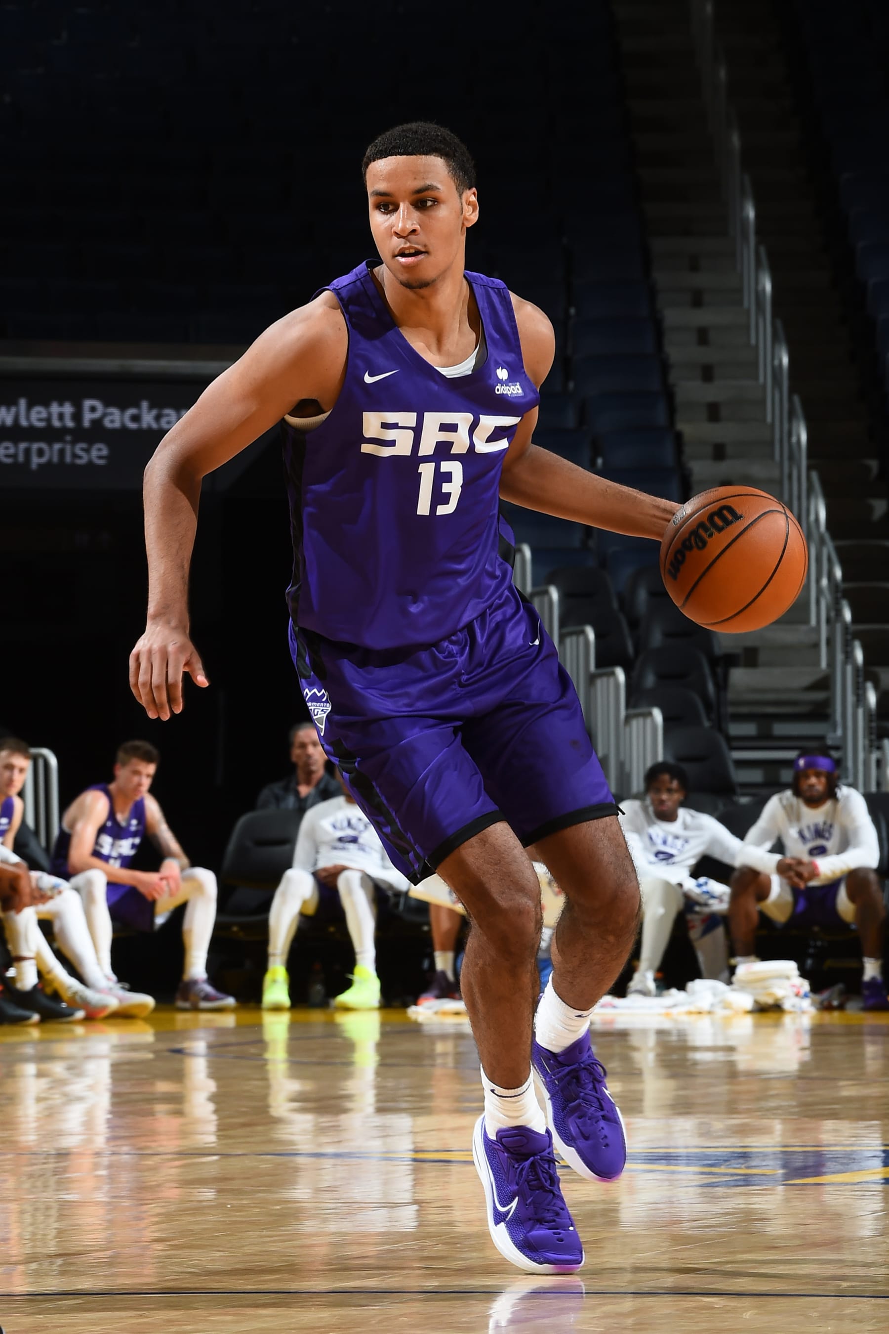 SAN FRANCISCO, CA - JULY 5: Keegan Murray #13 of the Sacramento Kings dribbles the ball during the 2022 California Classic on July 5, 2022 at Chase Center in San Francisco, California. NOTE TO USER: User expressly acknowledges and agrees that, by downloading and or using this photograph, user is consenting to the terms and conditions of Getty Images License Agreement. Mandatory Copyright Notice: Copyright 2022 NBAE (Photo by Noah Graham/NBAE via Getty Images)