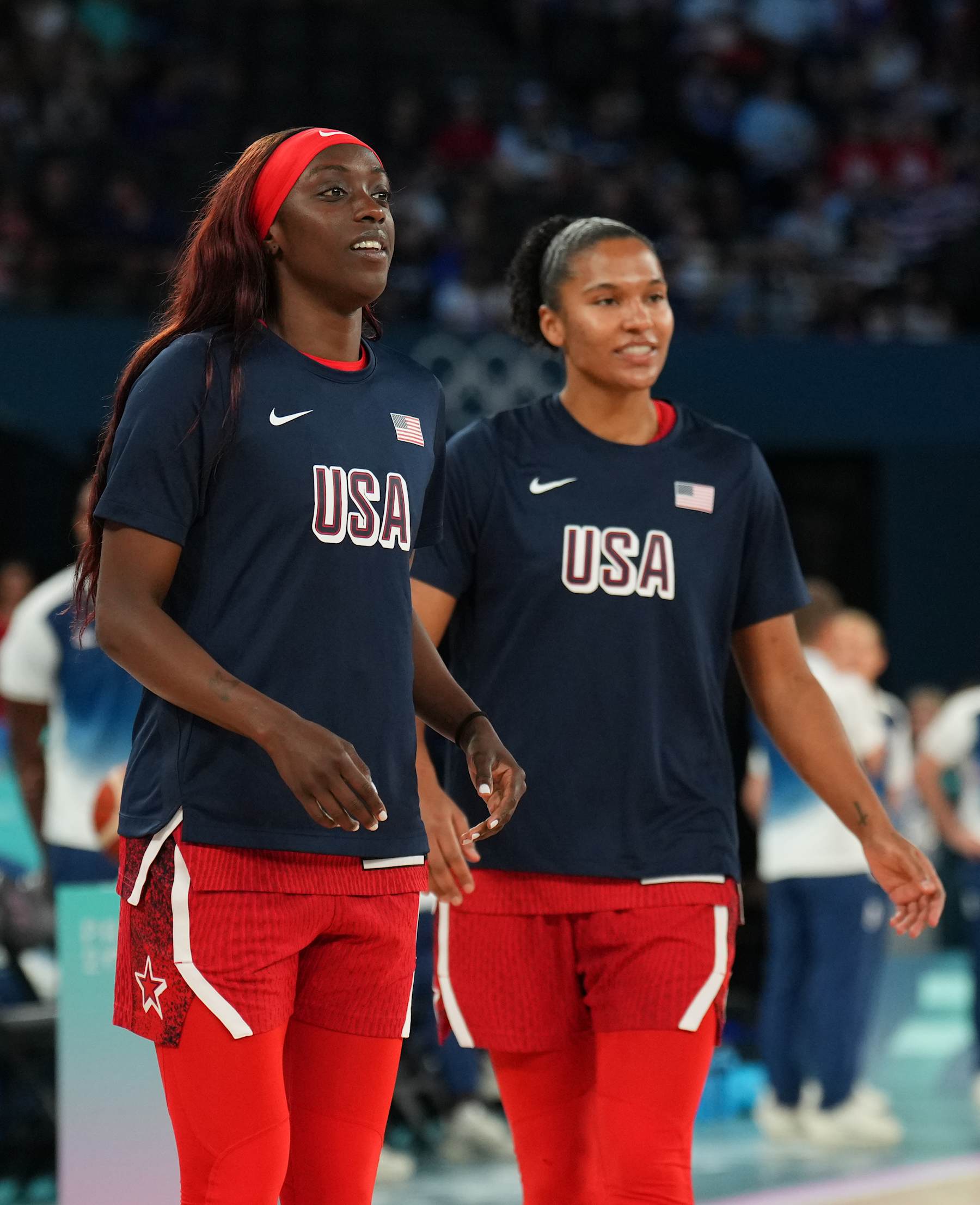 PARIS, FRANCE - AUGUST 11: Kahleah Copper #7 of the USA Women's National Team and Alyssa Thomas #14 of the USA Women's National Team look on during the Women's Gold Medal Game against Team France on August 11, 2024 at the AccorHotels Arena in Paris, France. NOTE TO USER: User expressly acknowledges and agrees that, by downloading and/or using this photograph, user is consenting to the terms and conditions of the Getty Images License Agreement. Mandatory Copyright Notice: Copyright 2024 NBAE (Photo by Jesse D. Garrabrant/NBAE via Getty Images)  