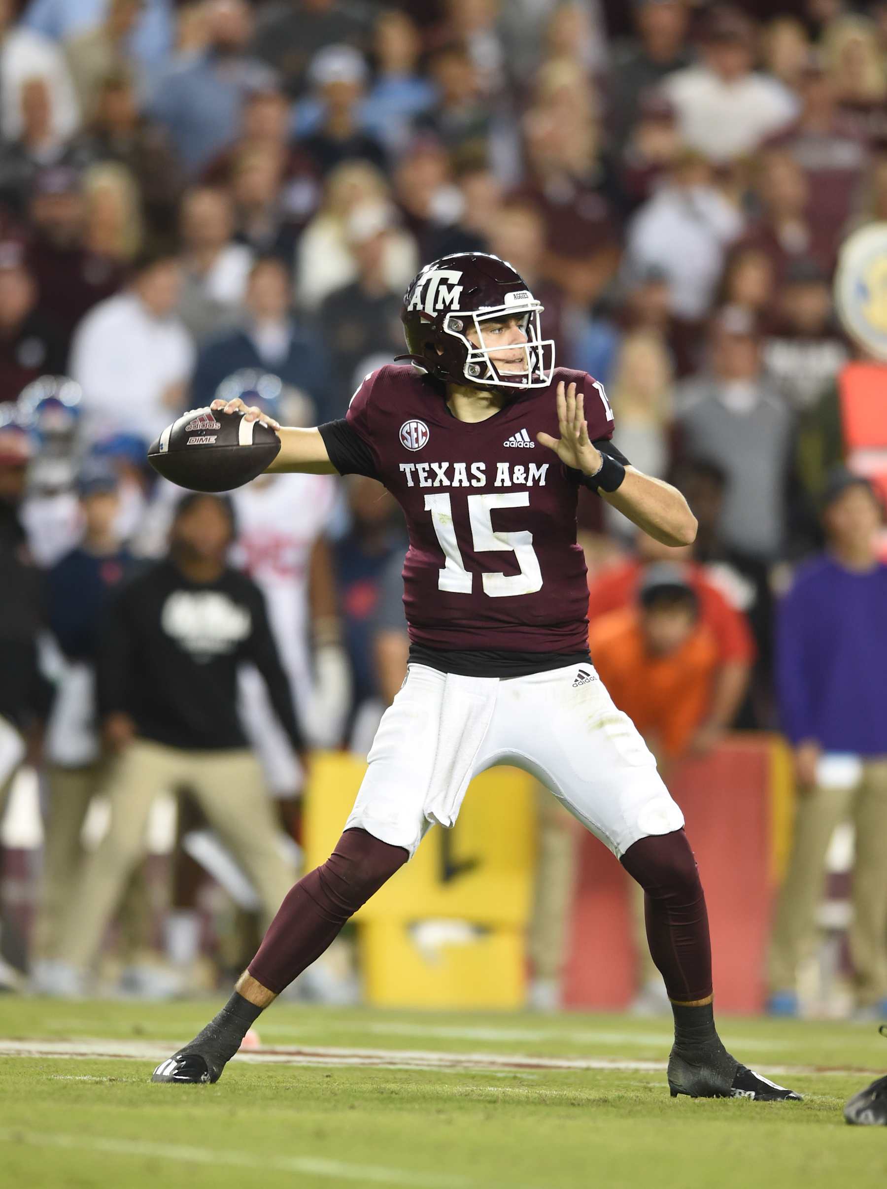 COLLEGE STATION, TX - OCTOBER 29: Texas A&M Aggies QB Connor Weigman throws a pass during the college football game featuring the Ole Miss Rebels and the Texas A&M Aggies on October 29, 2022 at Kyle Field in College Station, TX. (Photo by John Rivera/Icon Sportswire via Getty Images)