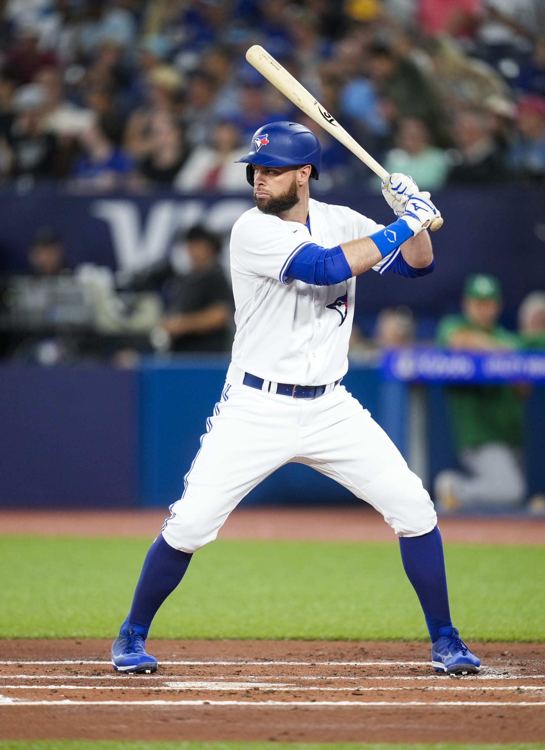 TORONTO, ON - JUNE 23: Brandon Belt #13 of Toronto Blue Jays takes an at bat against the Oakland Athletics during the first inning in their MLB game at the Rogers Centre on June 23, 2023 in Toronto, Ontario, Canada. (Photo by Mark Blinch/Getty Images)