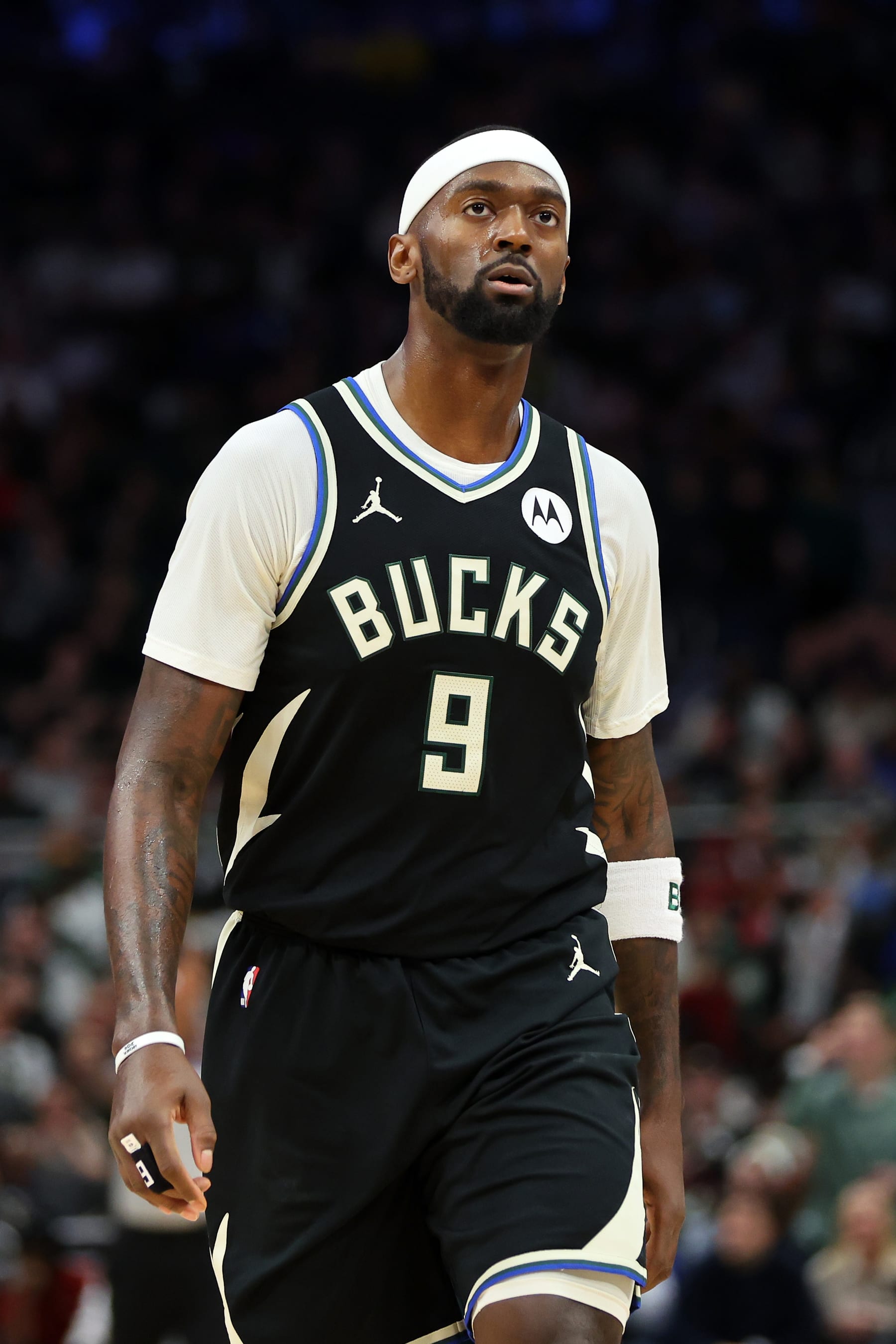MILWAUKEE, WISCONSIN - JANUARY 26: Bobby Portis #9 of the Milwaukee Bucks walks backcourt during a game against the Cleveland Cavaliers at Fiserv Forum on January 26, 2024 in Milwaukee, Wisconsin. NOTE TO USER: User expressly acknowledges and agrees that, by downloading and or using this photograph, User is consenting to the terms and conditions of the Getty Images License Agreement. (Photo by Stacy Revere/Getty Images)