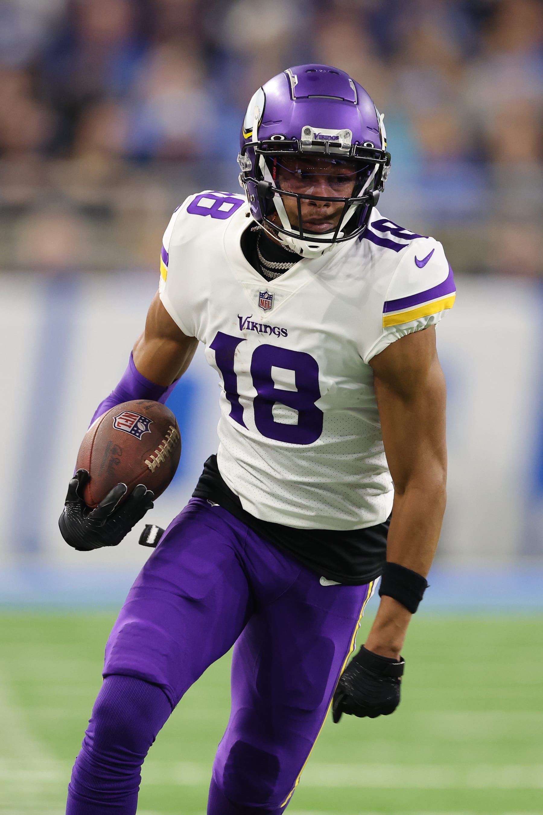 DETROIT, MICHIGAN - DECEMBER 11: Justin Jefferson #18 of the Minnesota Vikings plays against the Detroit Lions at Ford Field on December 11, 2022 in Detroit, Michigan. (Photo by Gregory Shamus/Getty Images)