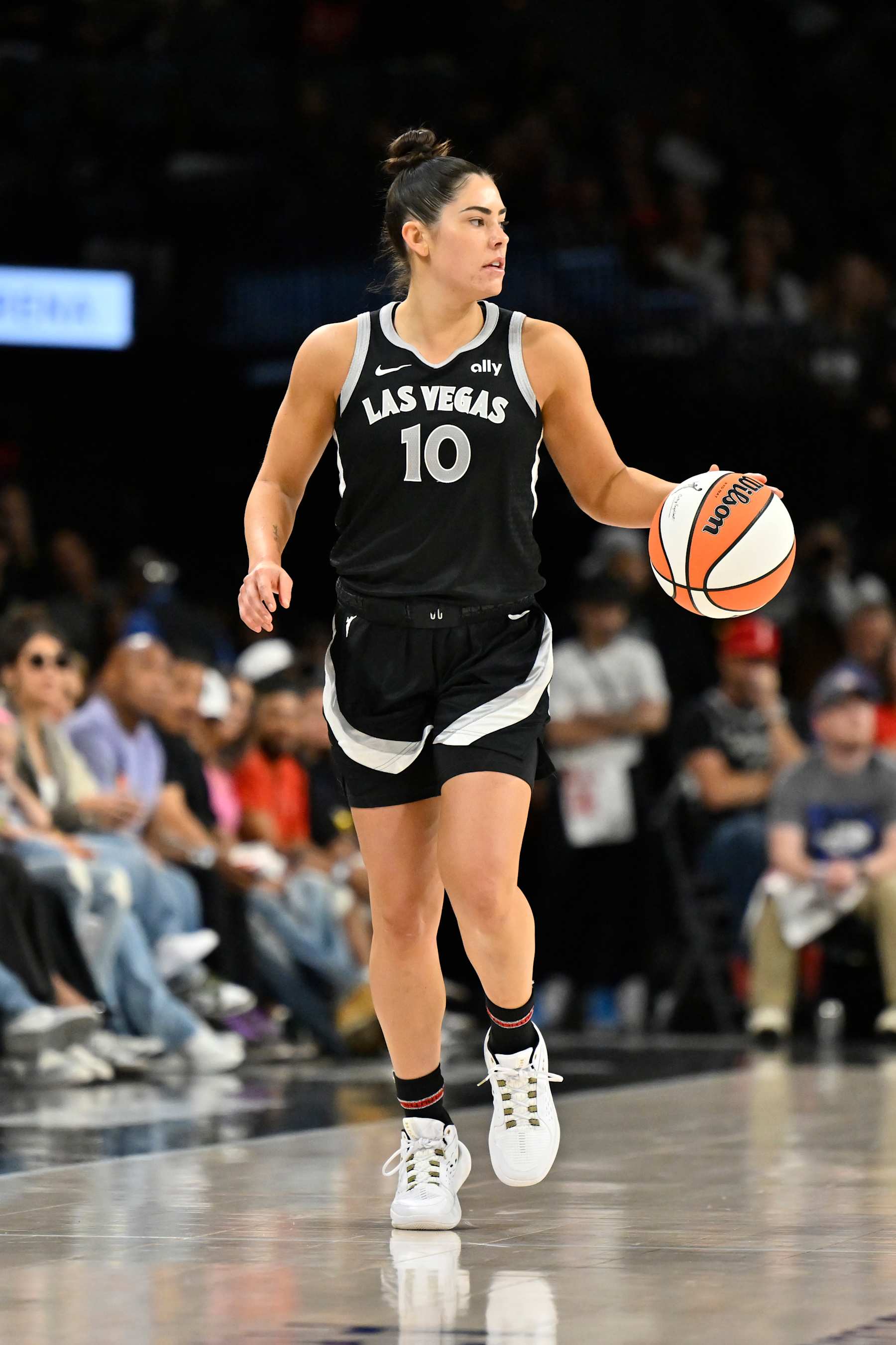 LAS VEGAS, NV - SEPTEMBER 24: Kelsey Plum #10 of the Las Vegas Aces dribbles the ball during the game against the Seattle Storm during Round one Game two of the 2024 WNBA Playoffs on September 24, 2024 at Michelob ULTRA Arena in Las Vegas, Nevada. NOTE TO USER: User expressly acknowledges and agrees that, by downloading and or using this photograph, User is consenting to the terms and conditions of the Getty Images License Agreement. Mandatory Copyright Notice: Copyright 2024 NBAE (Photo by David Becker/NBAE via Getty Images)