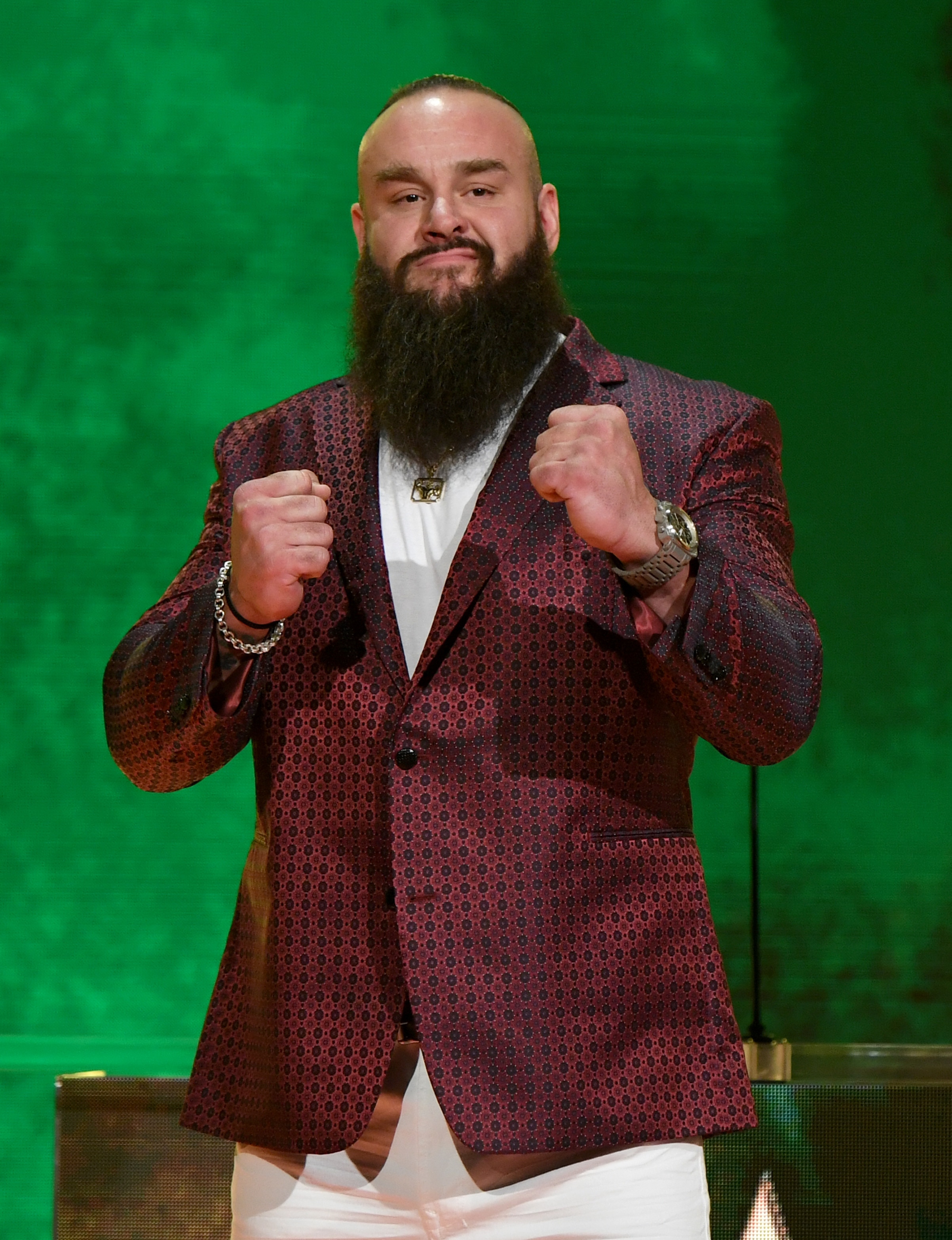 LAS VEGAS, NEVADA - OCTOBER 11:  WWE wrestler Braun Strowman poses at a WWE news conference at T-Mobile Arena on October 11, 2019 in Las Vegas, Nevada. Strowman will face heavyweight boxer Tyson Fury and WWE champion Brock Lesnar will take on former UFC heavyweight champion Cain Velasquez at the WWE's Crown Jewel event at Fahd International Stadium in Riyadh, Saudi Arabia on October 31.  (Photo by Ethan Miller/Getty Images)