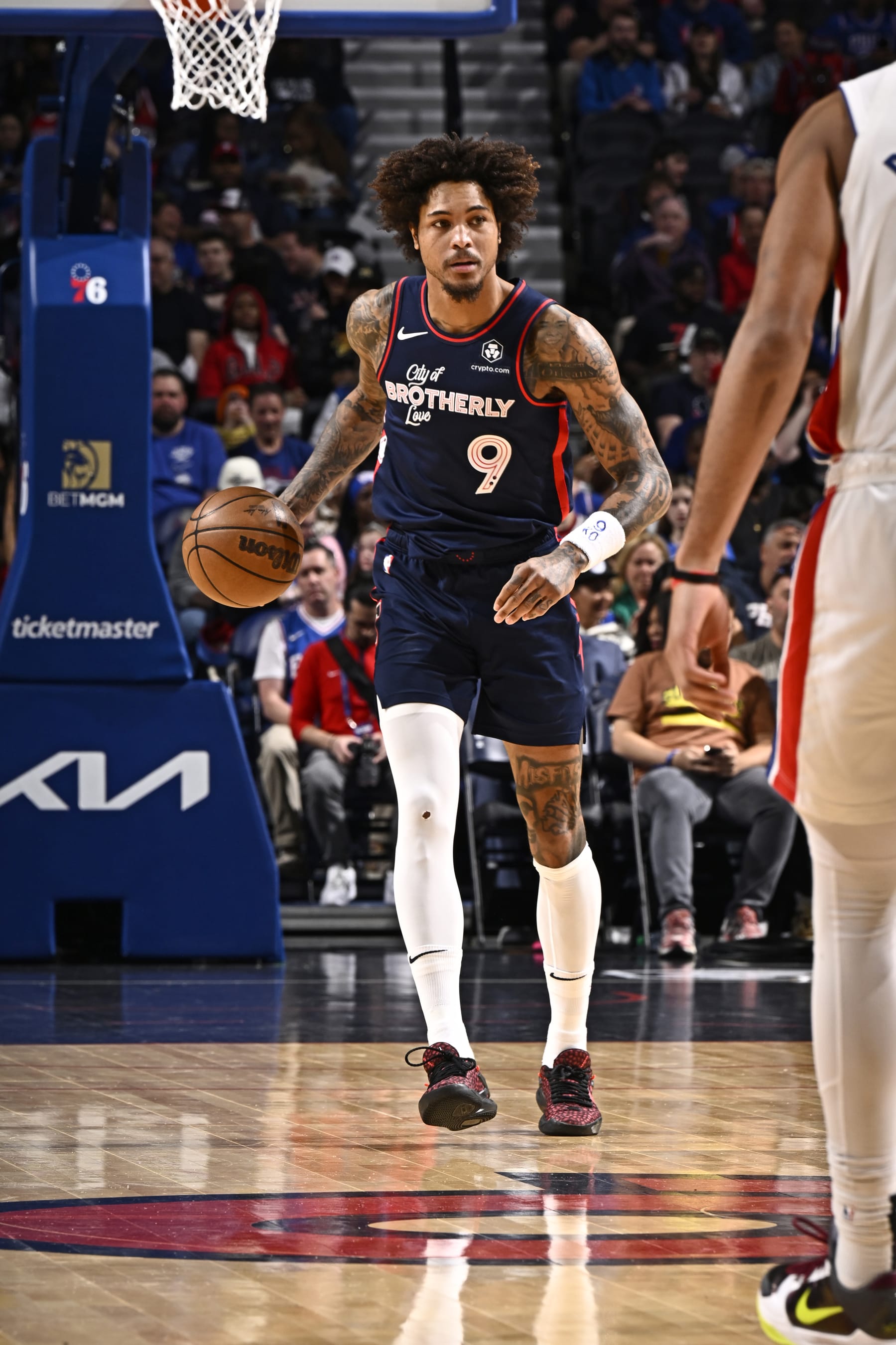 PHILADELPHIA, PA - APRIL 9: Kelly Oubre Jr. #9 of the Philadelphia 76ers dribbles the ball during the game against the Detroit Pistons on April 9, 2024 at the Wells Fargo Center in Philadelphia, Pennsylvania NOTE TO USER: User expressly acknowledges and agrees that, by downloading and/or using this Photograph, user is consenting to the terms and conditions of the Getty Images License Agreement. Mandatory Copyright Notice: Copyright 2024 NBAE (Photo by David Dow/NBAE via Getty Images)
