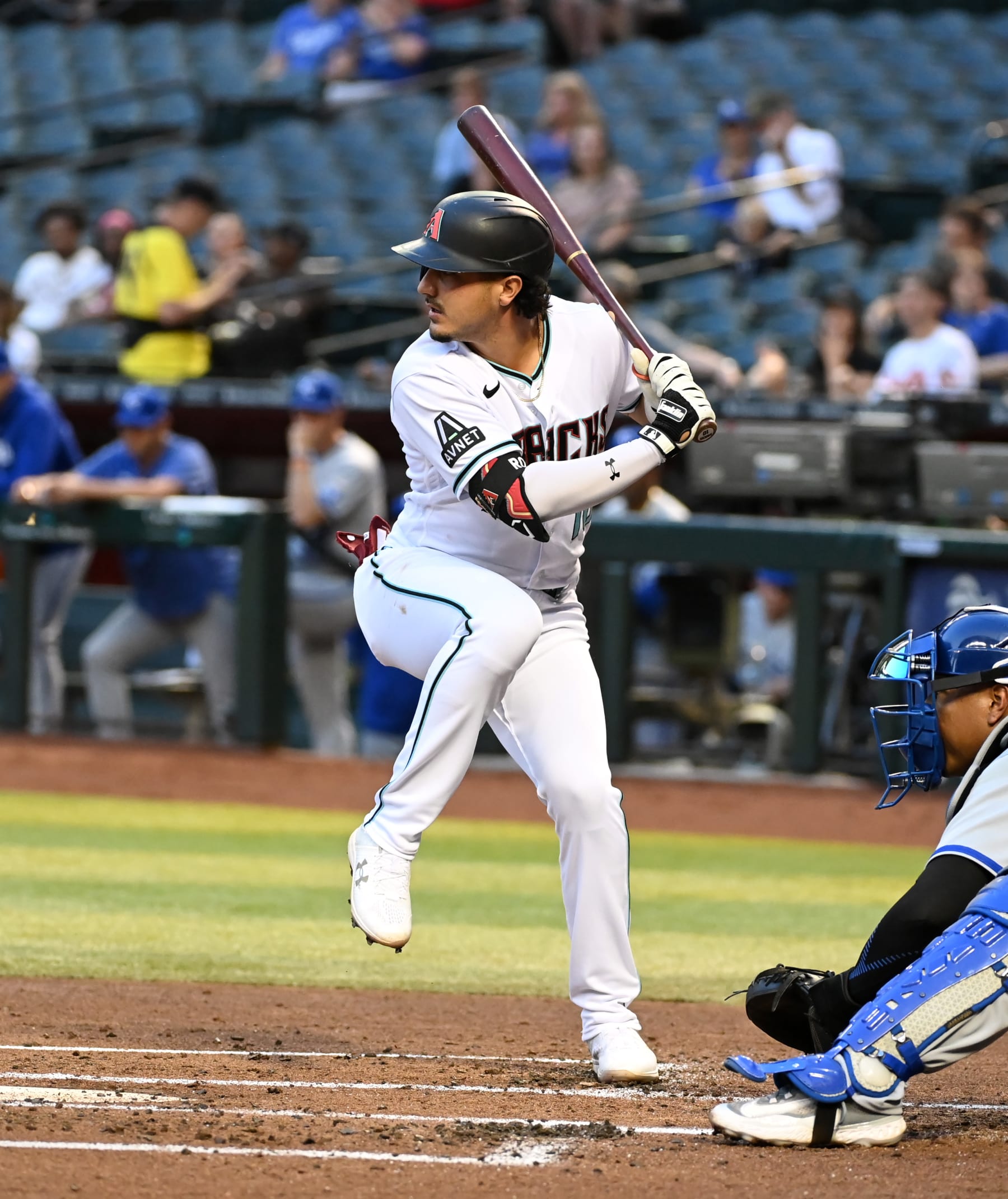 PHOENIX, ARIZONA - APRIL 25: Josh Rojas #10 of the Arizona Diamondbacks gets ready in the batters box against the Kansas City Royals at Chase Field on April 25, 2023 in Phoenix, Arizona. (Photo by Norm Hall/Getty Images)