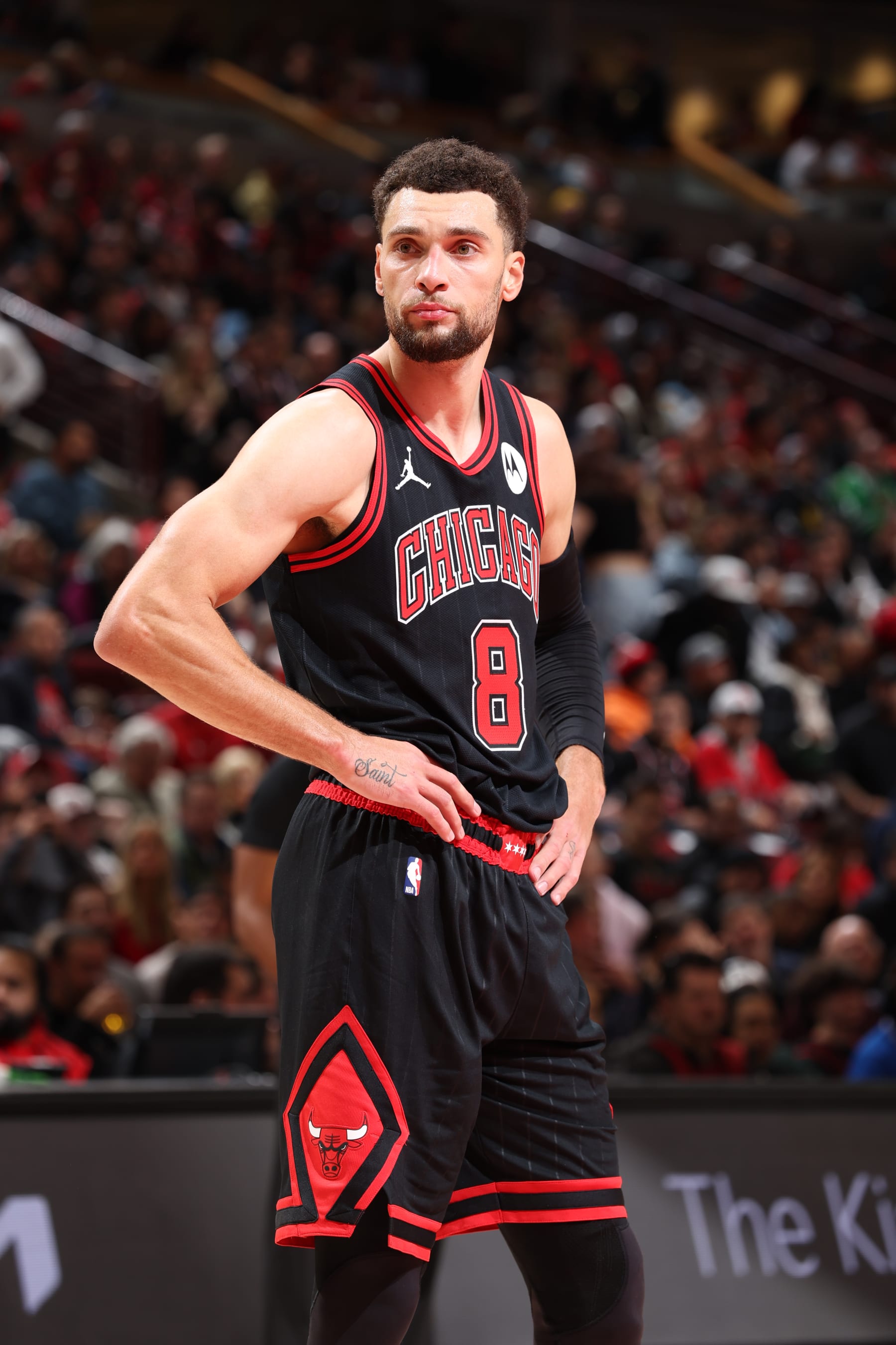 CHICAGO, IL - NOVEMBER 18: Zach LaVine #8 of the Chicago Bulls looks on during the game against the Memphis Grizzlies on November 18, 2023 at United Center in Chicago, Illinois. NOTE TO USER: User expressly acknowledges and agrees that, by downloading and or using this photograph, User is consenting to the terms and conditions of the Getty Images License Agreement. Mandatory Copyright Notice: Copyright 2023 NBAE (Photo by Jeff Haynes/NBAE via Getty Images)