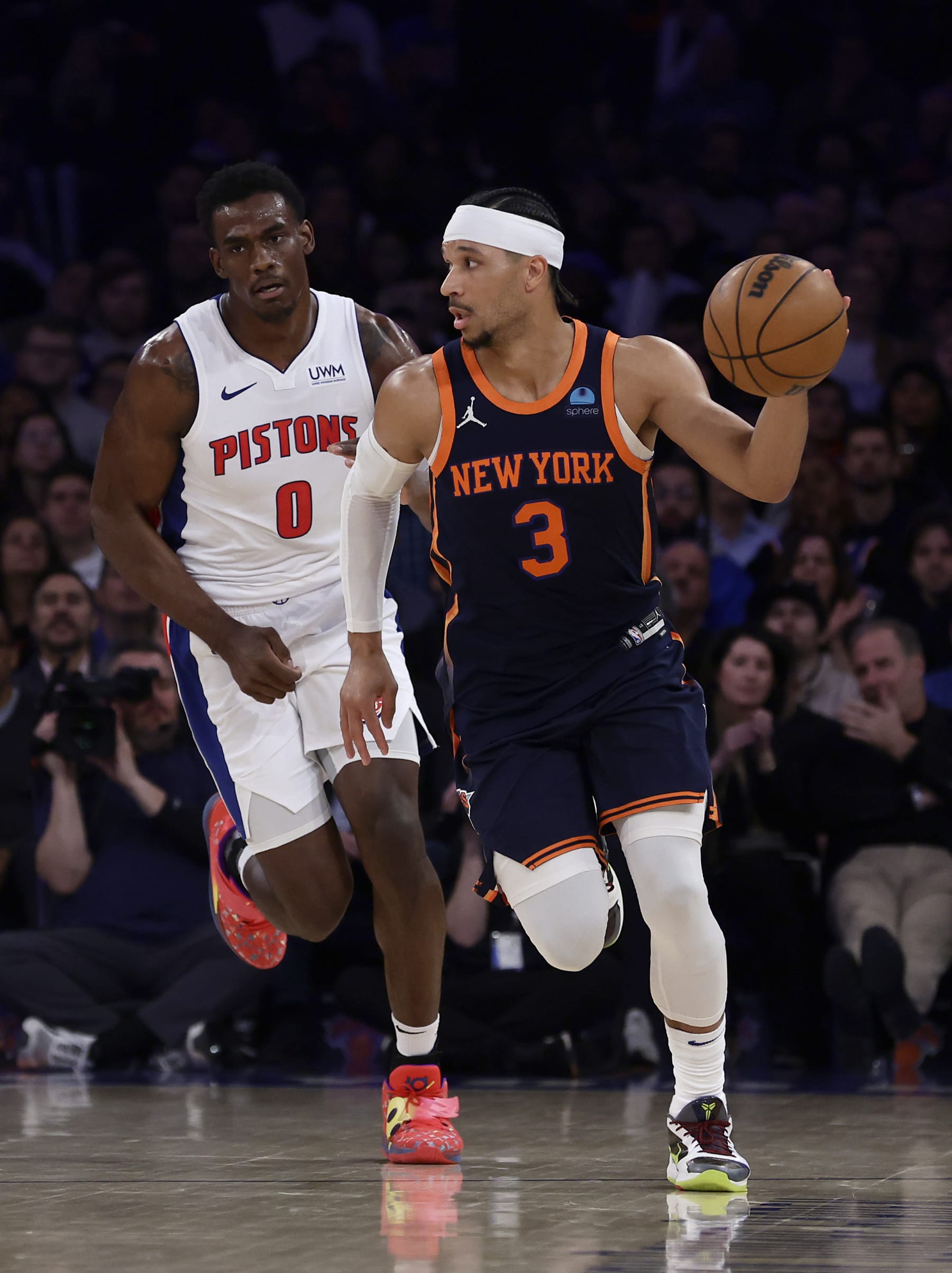 NEW YORK, NEW YORK - FEBRUARY 26: (NEW YORK DAILIES OUT)  Josh Hart #3 of the New York Knicks in action against Jalen Duren #0 of the Detroit Pistons at Madison Square Garden on February 26, 2024 in New York City. The Knicks defeated the Pistons 113-111. NOTE TO USER: User expressly acknowledges and agrees that, by downloading and or using this photograph, User is consenting to the terms and conditions of the Getty Images License Agreement. (Photo by Jim McIsaac/Getty Images)