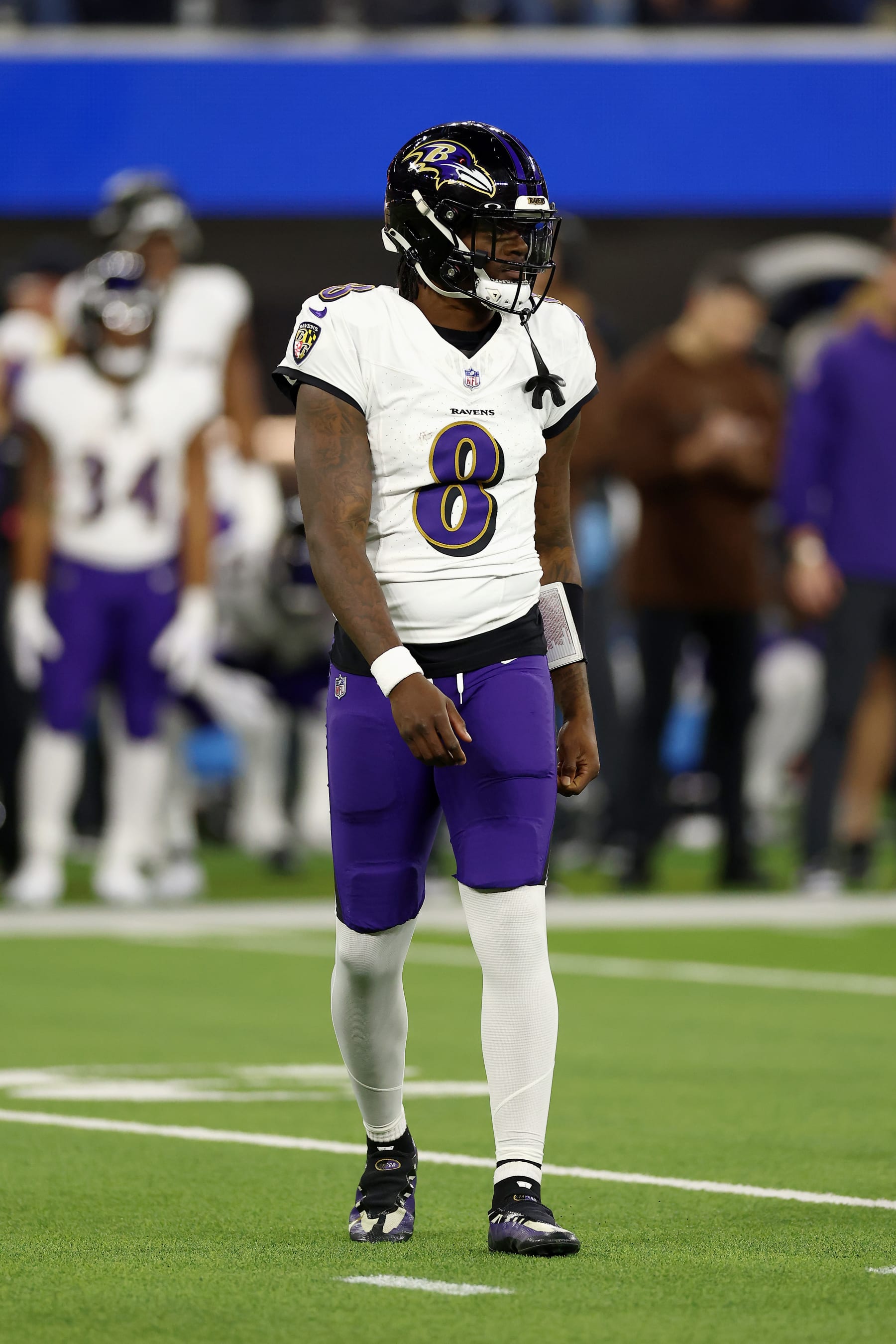INGLEWOOD, CALIFORNIA - NOVEMBER 26: Lamar Jackson #8 of the Baltimore Ravens looks on during the first quarter against the Los Angeles Chargers at SoFi Stadium on November 26, 2023 in Inglewood, California. (Photo by Katelyn Mulcahy/Getty Images)