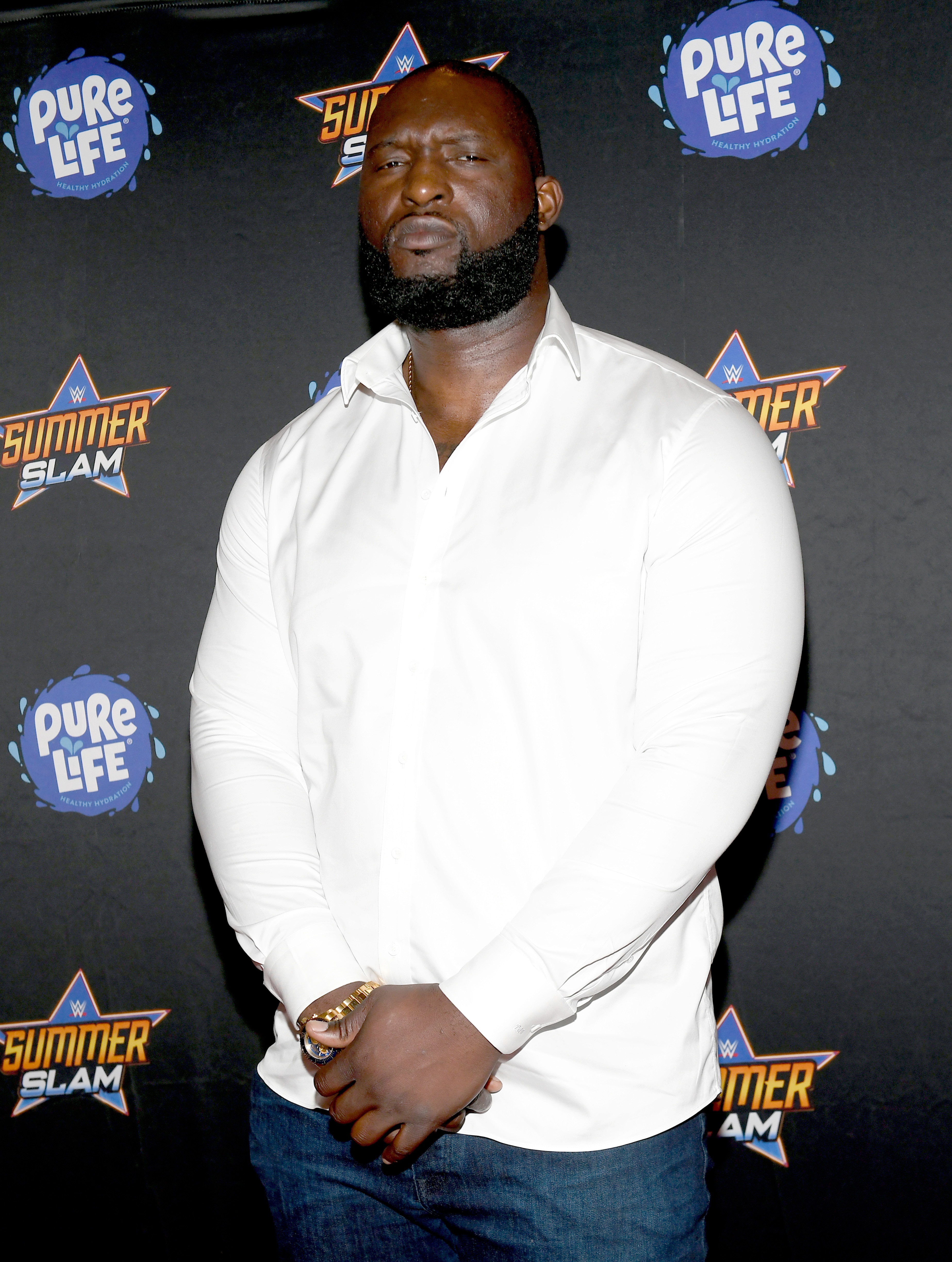 LAS VEGAS, NEVADA - AUGUST 21: Professional wrestler Jordan "Omos" Omogbehin attends the WWE SummerSlam after party at Delano Las Vegas at Mandalay Bay Resort and Casino on August 21, 2021 in Las Vegas, Nevada. (Photo by Bryan Steffy/Getty Images for WWE SummerSlam After Party)