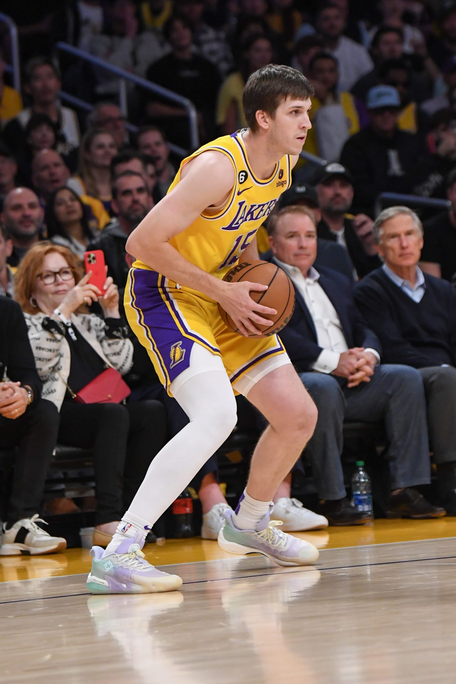 LOS ANGELES, CA - MAY 8:  Austin Reaves #15 of the Los Angeles Lakers handles the ball during the game  during  round two game four of the 2023 NBA Playoffs on May 8, 2023 at Chase Center in Los Angeles, California. NOTE TO USER: User expressly acknowledges and agrees that, by downloading and or using this photograph, user is consenting to the terms and conditions of Getty Images License Agreement. Mandatory Copyright Notice: Copyright 2023 NBAE (Photo by Noah Graham/NBAE via Getty Images)