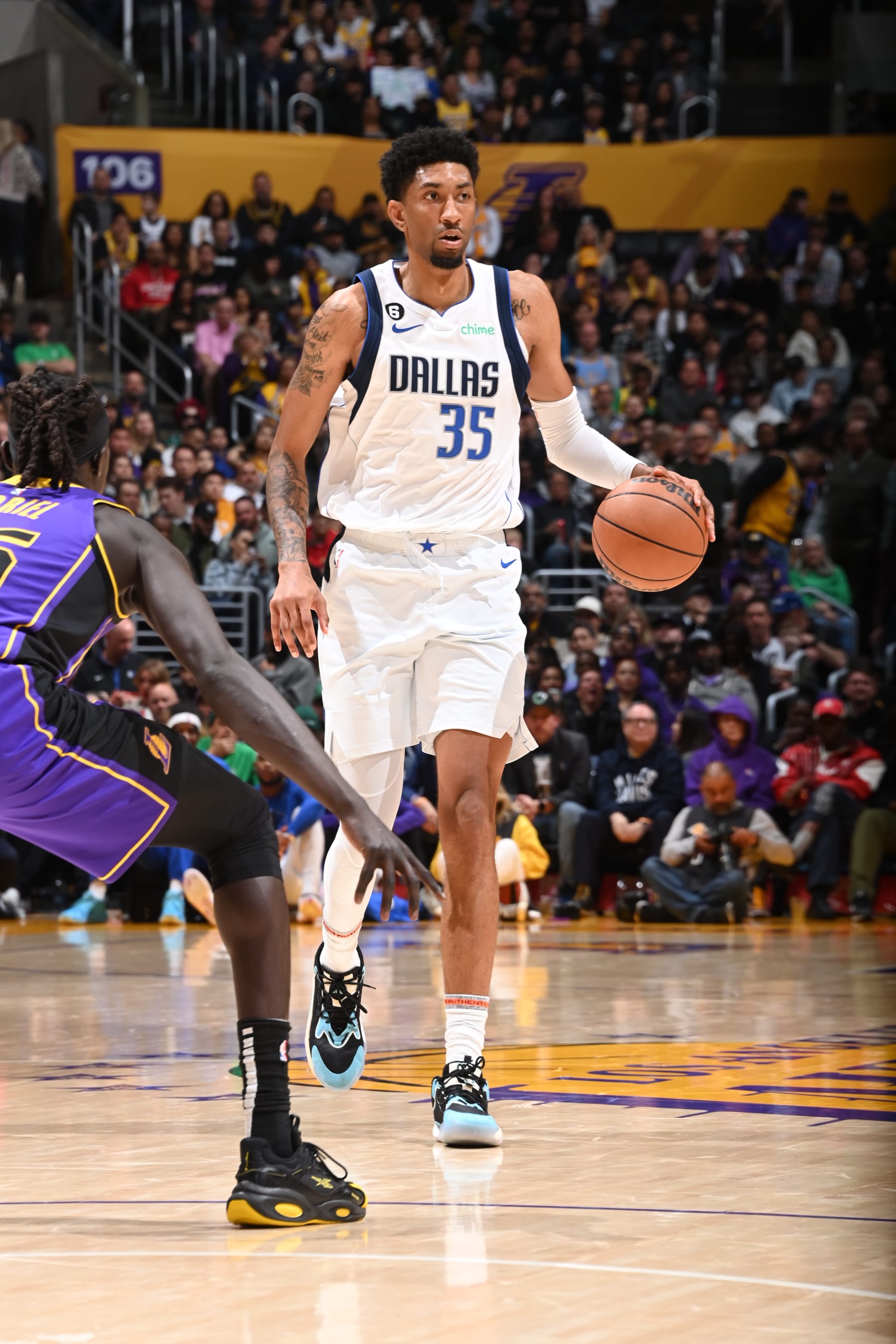 LOS ANGELES, CA - MARCH 17: Christian Wood #35 of the Dallas Mavericks dribbles the ball during the game against the Los Angeles Lakers on March 17, 2023 at Crypto.Com Arena in Los Angeles, California. NOTE TO USER: User expressly acknowledges and agrees that, by downloading and/or using this Photograph, user is consenting to the terms and conditions of the Getty Images License Agreement. Mandatory Copyright Notice: Copyright 2023 NBAE (Photo by Andrew D. Bernstein/NBAE via Getty Images)