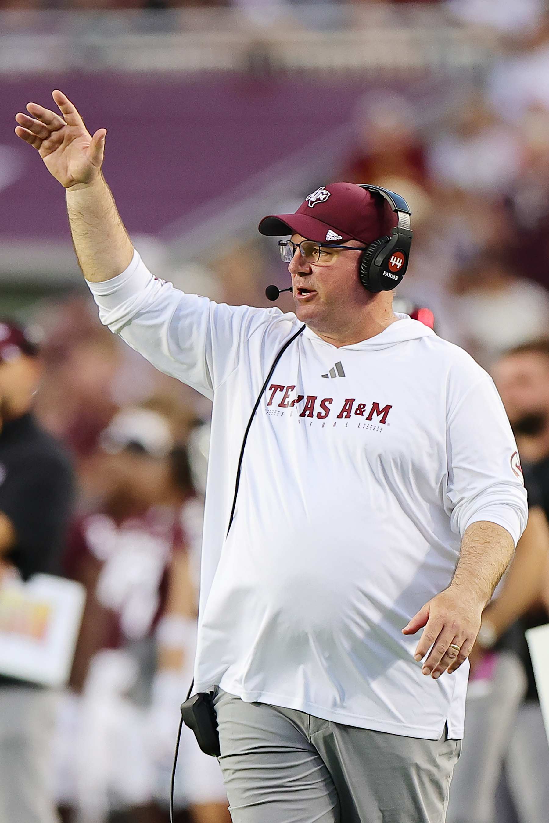 COLLEGE STATION, TEXAS - SEPTEMBER 21: Head coach Mike Elko of the Texas A&M Aggies looks on during the first half against the Bowling Green Falcons at Kyle Field on September 21, 2024 in College Station, Texas. (Photo by Alex Slitz/Getty Images)