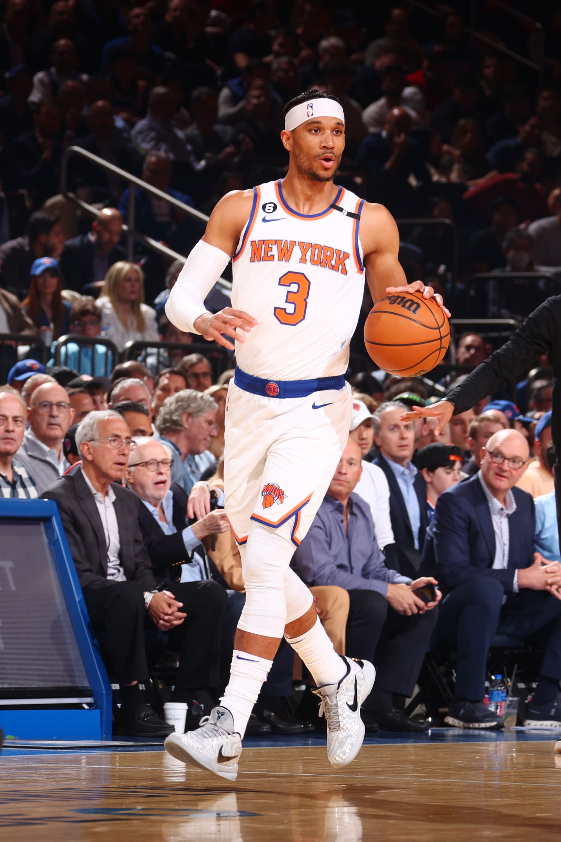 NEW YORK, NY - MAY 10: Josh Hart #3 of the New York Knicks dribbles the ball during Round 2 Game 5 of the Semi-Finals 2023 NBA Playoffs against the Miami Heat on May 10, 2023 at Madison Square Garden in New York City, New York.  NOTE TO USER: User expressly acknowledges and agrees that, by downloading and or using this photograph, User is consenting to the terms and conditions of the Getty Images License Agreement. Mandatory Copyright Notice: Copyright 2023 NBAE  (Photo by Nathaniel S. Butler/NBAE via Getty Images)