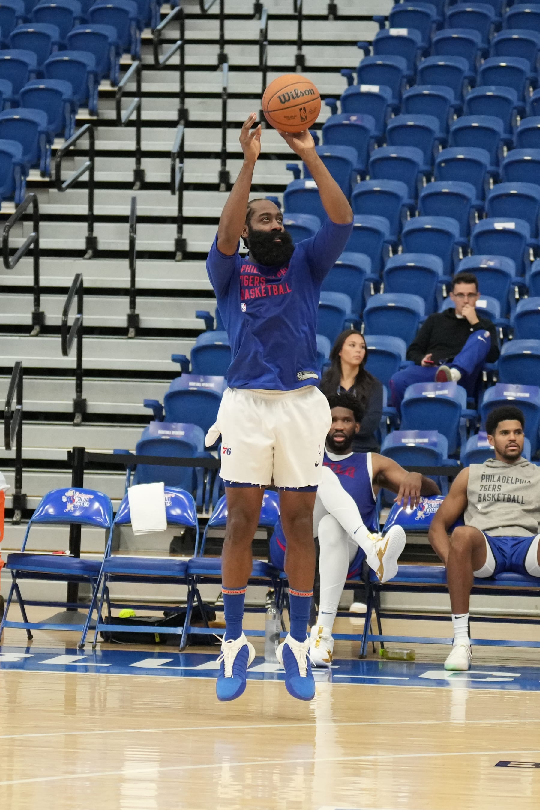 WILMINGTON, DE - OCTOBER 14: James Harden #1 of the Philadelphia 76ers during an open scrimmage on October 14, 2023 at Chase Fieldhouse in Wilmington, Delaware. NOTE TO USER: User expressly acknowledges and agrees that, by downloading and/or using this Photograph, user is consenting to the terms and conditions of the Getty Images License Agreement. Mandatory Copyright Notice: Copyright 2023 NBAE (Photo by Jesse D. Garrabrant/NBAE via Getty Images)