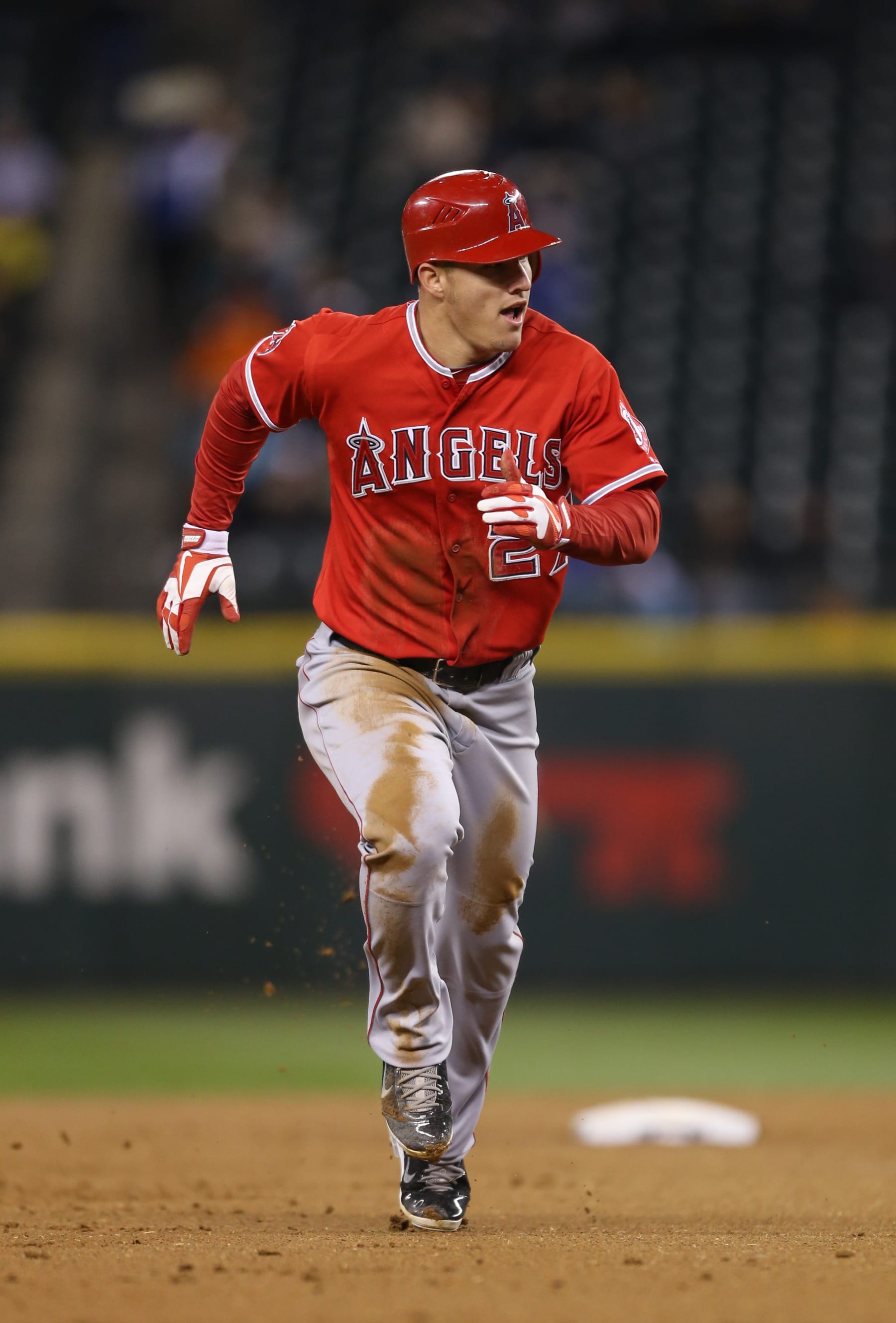 SEATTLE, WA - OCTOBER 02:  Mike Trout #27 of the Los Angeles Angels of Anaheim runs the bases against the Seattle Mariners at Safeco Field on October 2, 2012 in Seattle, Washington.  (Photo by Otto Greule Jr/Getty Images)