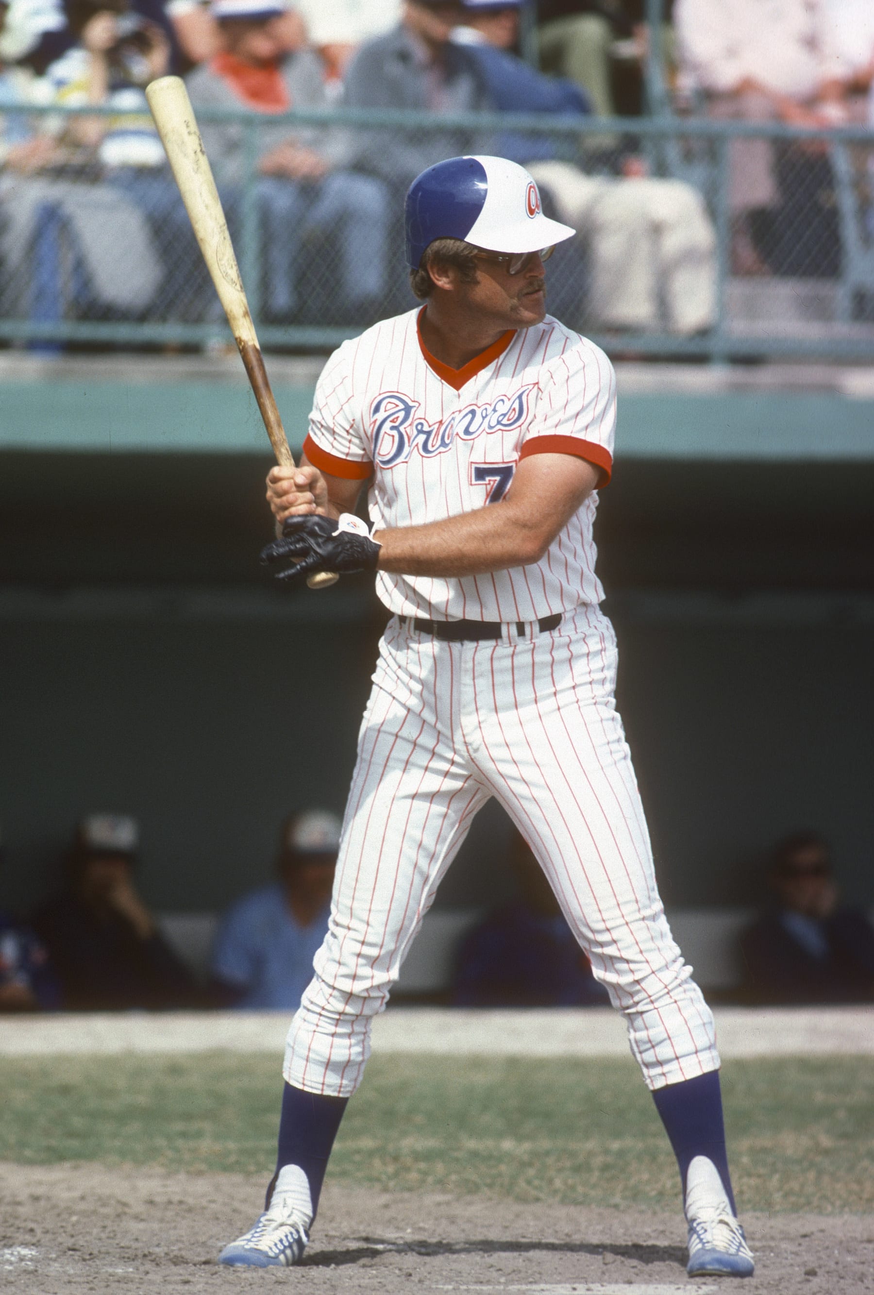 WEST PALM BEACH, FL - CIRCA 1978:  Jeff Burroughs  #7 of the Atlanta Braves bats against the Montreal Expos during a Major League Baseball spring training game circa 1978 at Municipal Stadium in West Palm Beach, Florida. Burroughs played for the Braves from 1977-80. (Photo by Focus on Sport/Getty Images) 