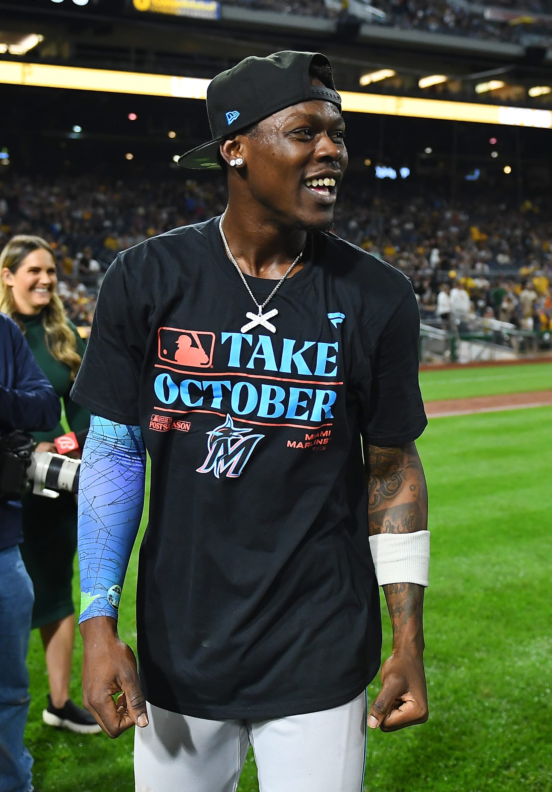 PITTSBURGH, PENNSYLVANIA - SEPTEMBER 30:  Jazz Chisholm Jr. #2 of the Miami Marlins celebrates after a 7-3 win over the Pittsburgh Pirates to clinch a National League Wildcard berth at PNC Park on September 30, 2023 in Pittsburgh, Pennsylvania. (Photo by Joe Sargent/Getty Images)