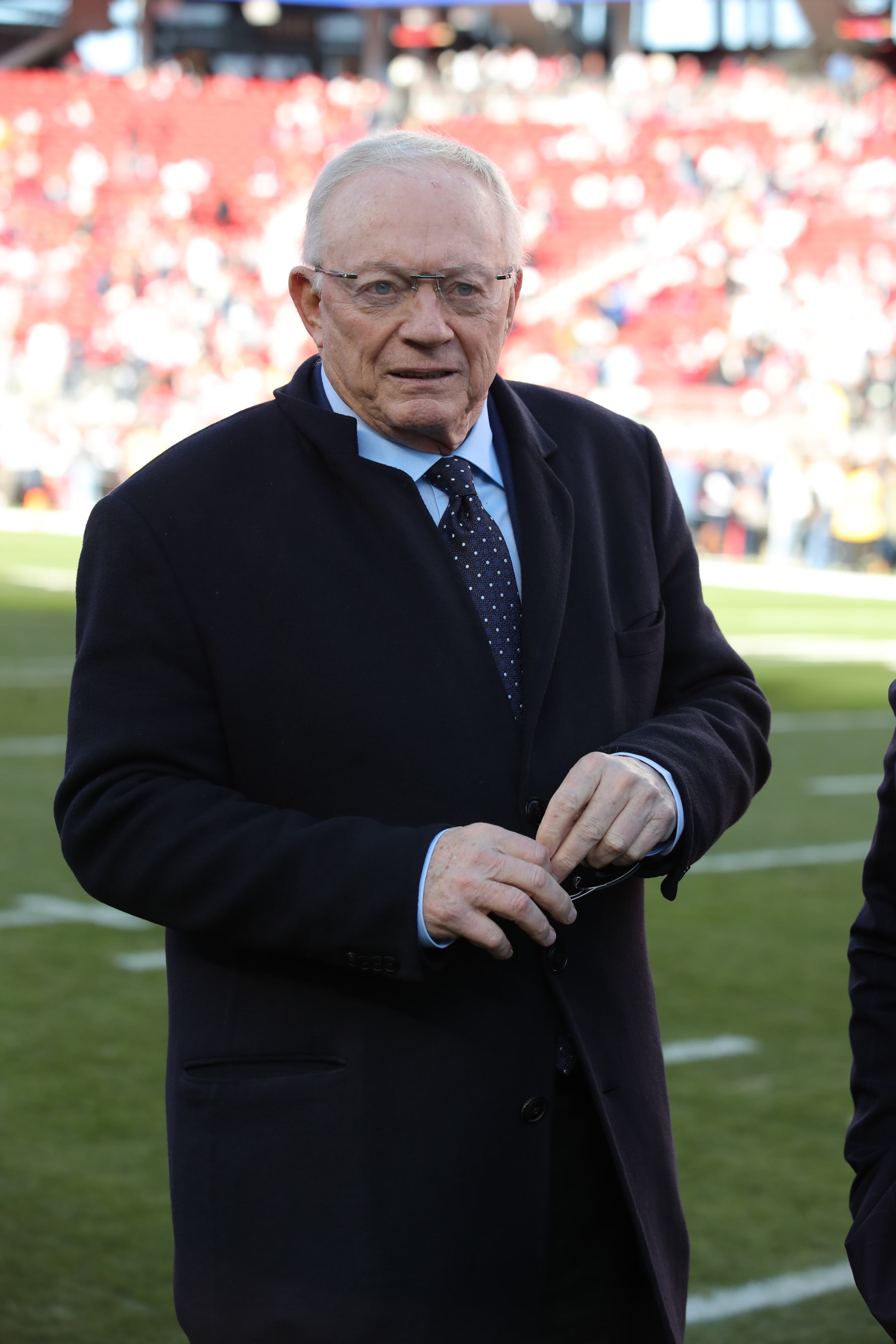 SANTA CLARA, CA - JANUARY 22: Owner Jerry Jones of the Dallas Cowboys on the field before the NFC Divisional playoff game against the San Francisco 49ers at Levi's Stadium on January 22, 2023 in Santa Clara, California. The 49ers defeated the Cowboys 19-12. (Photo by Michael Zagaris/San Francisco 49ers/Getty Images)