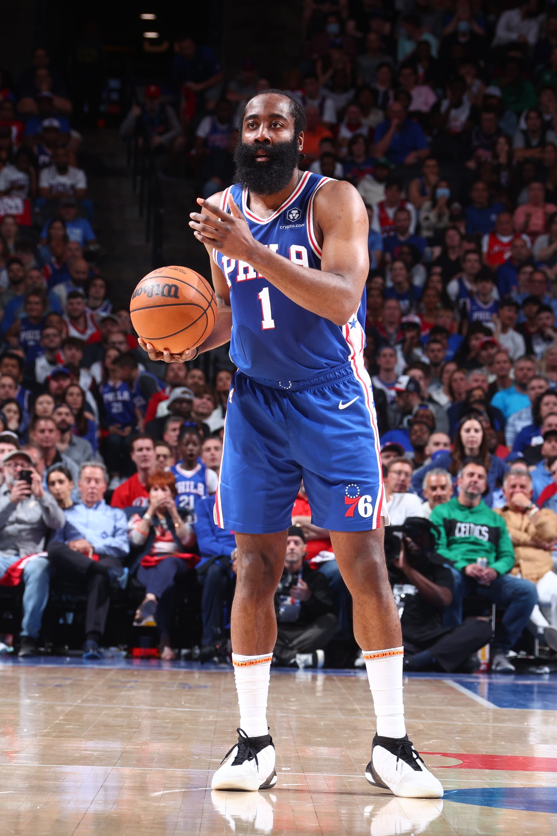 PHILADELPHIA, PA - MAY 11:  James Harden #1 of the Philadelphia 76ers goes to the basket during the game during round two game six of the 2023 NBA Playoffs on on May 11, 2023 at the Wells Fargo Center in Philadelphia, Pennsylvania NOTE TO USER: User expressly acknowledges and agrees that, by downloading and/or using this Photograph, user is consenting to the terms and conditions of the Getty Images License Agreement. Mandatory Copyright Notice: Copyright 2023 NBAE (Photo by Nathaniel S. Butler/NBAE via Getty Images)