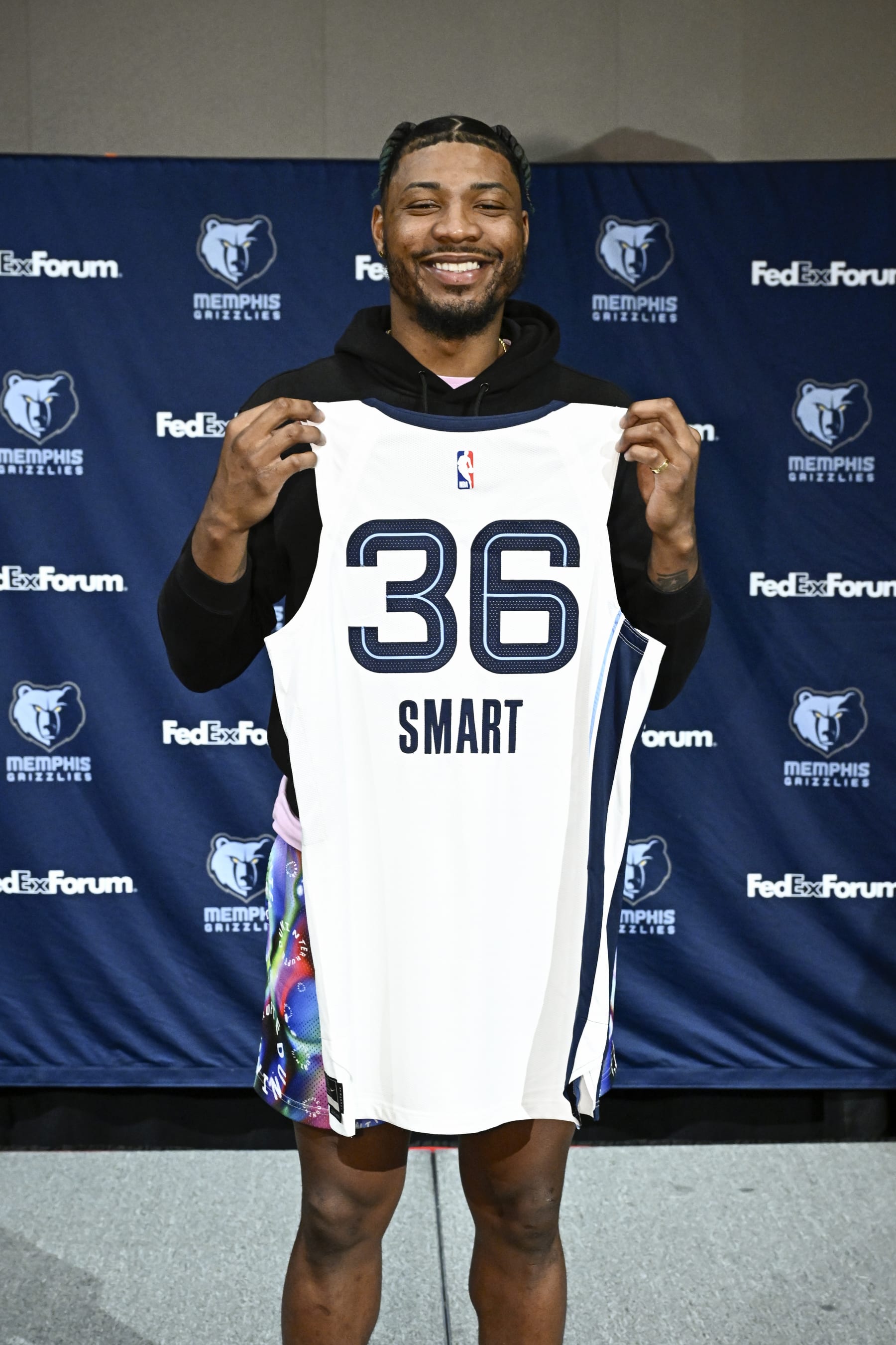 LAS VEGAS, NV - JULY 7: The Memphis Grizzlies introduce Marcus Smart during a press conference on July 7, 2023 in Las Vegas, Nevada NOTE TO USER: User expressly acknowledges and agrees that, by downloading and/or using this Photograph, user is consenting to the terms and conditions of the Getty Images License Agreement. Mandatory Copyright Notice: Copyright 2023 NBAE (Photo by David Dow/NBAE via Getty Images)