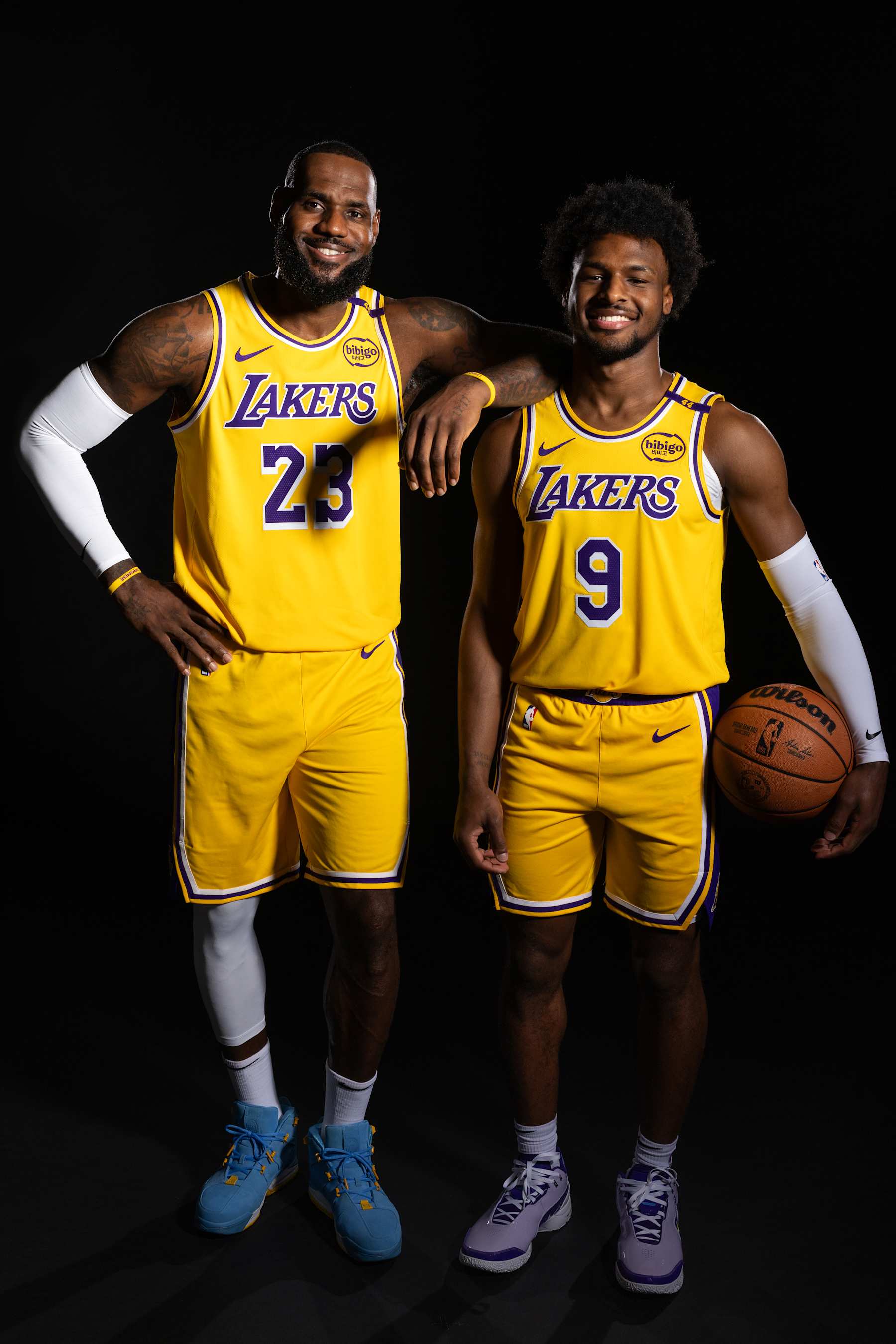 EL SEGUNDO, CA - SEPTEMBER 30: LeBron James #23 and Bronny James #9 of the Los Angeles Lakers pose for a portrait during NBA Media Day on September 30, 2024 at UCLA Health Training Center in El Segundo, California. NOTE TO USER: User expressly acknowledges and agrees that, by downloading and or using this photograph, User is consenting to the terms and conditions of the Getty Images License Agreement. Mandatory Copyright Notice: Copyright 2024 NBAE (Photo by Atiba Jefferson/NBAE via Getty Images)
